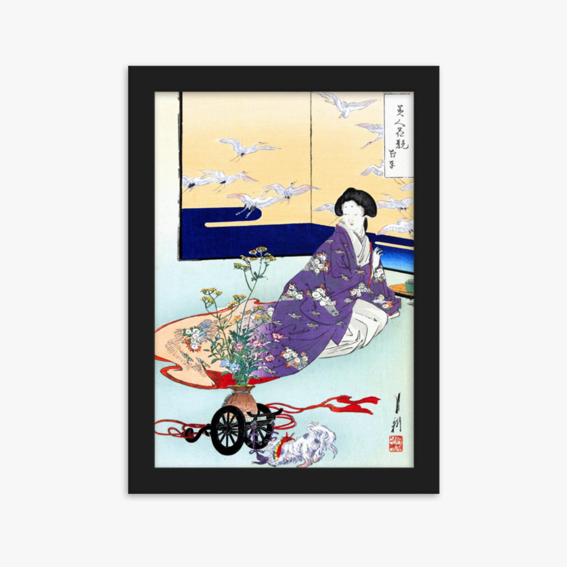 Ogata Gekko - Dog Playing with Flower Cart 21x30 cm Poster With Black Frame