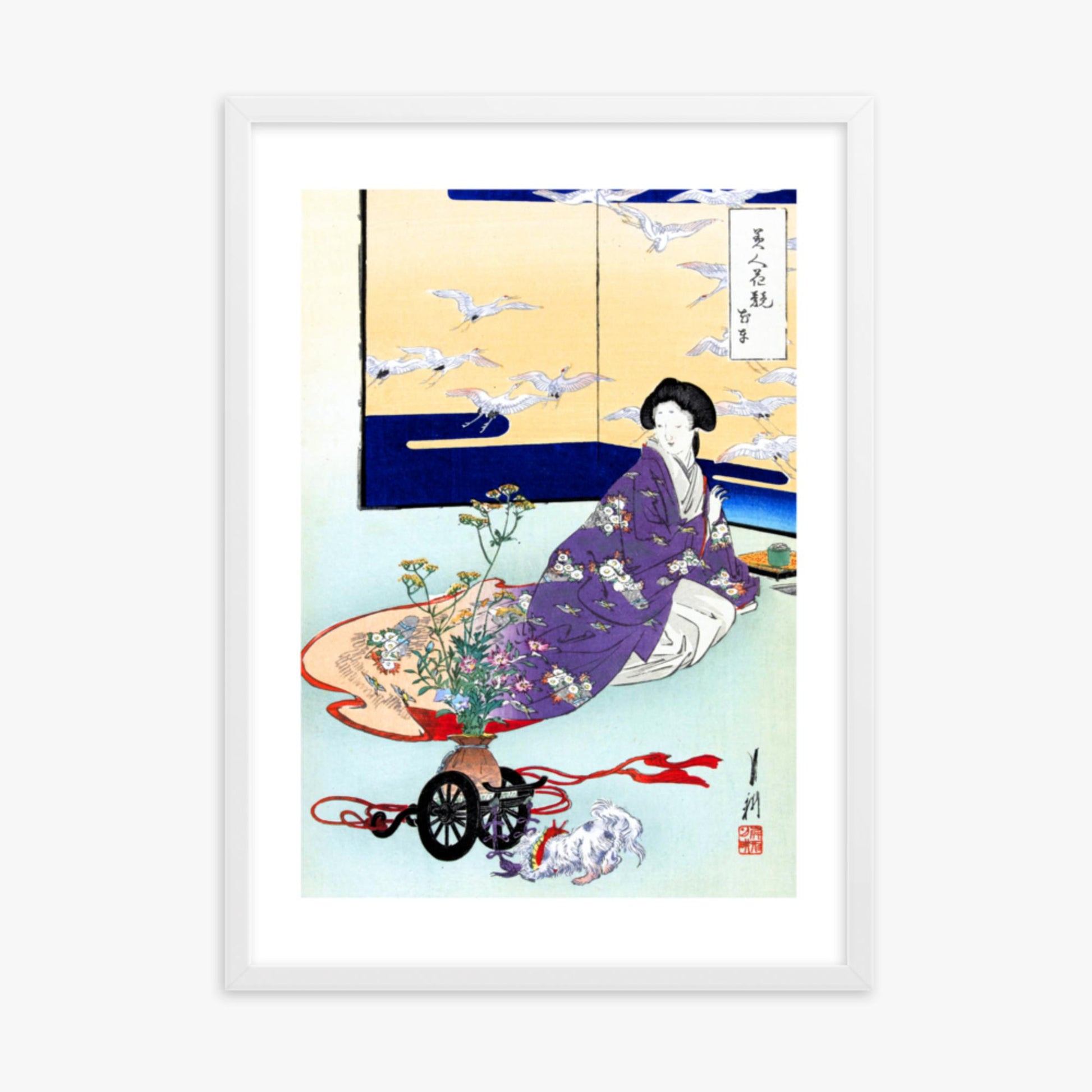 Ogata Gekko - Dog Playing with Flower Cart 50x70 cm Poster With White Frame