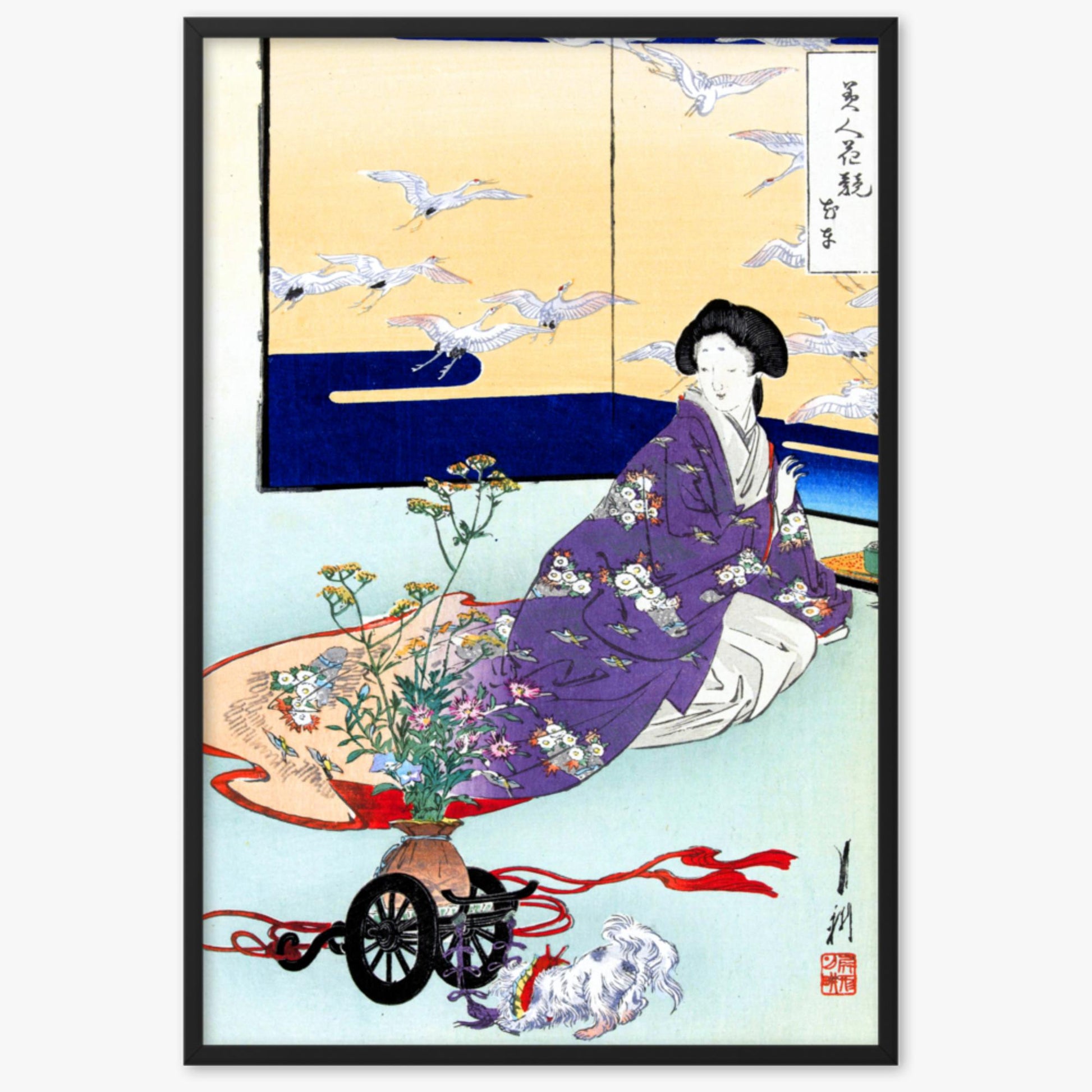 Ogata Gekko - Dog Playing with Flower Cart 61x91 cm Poster With Black Frame