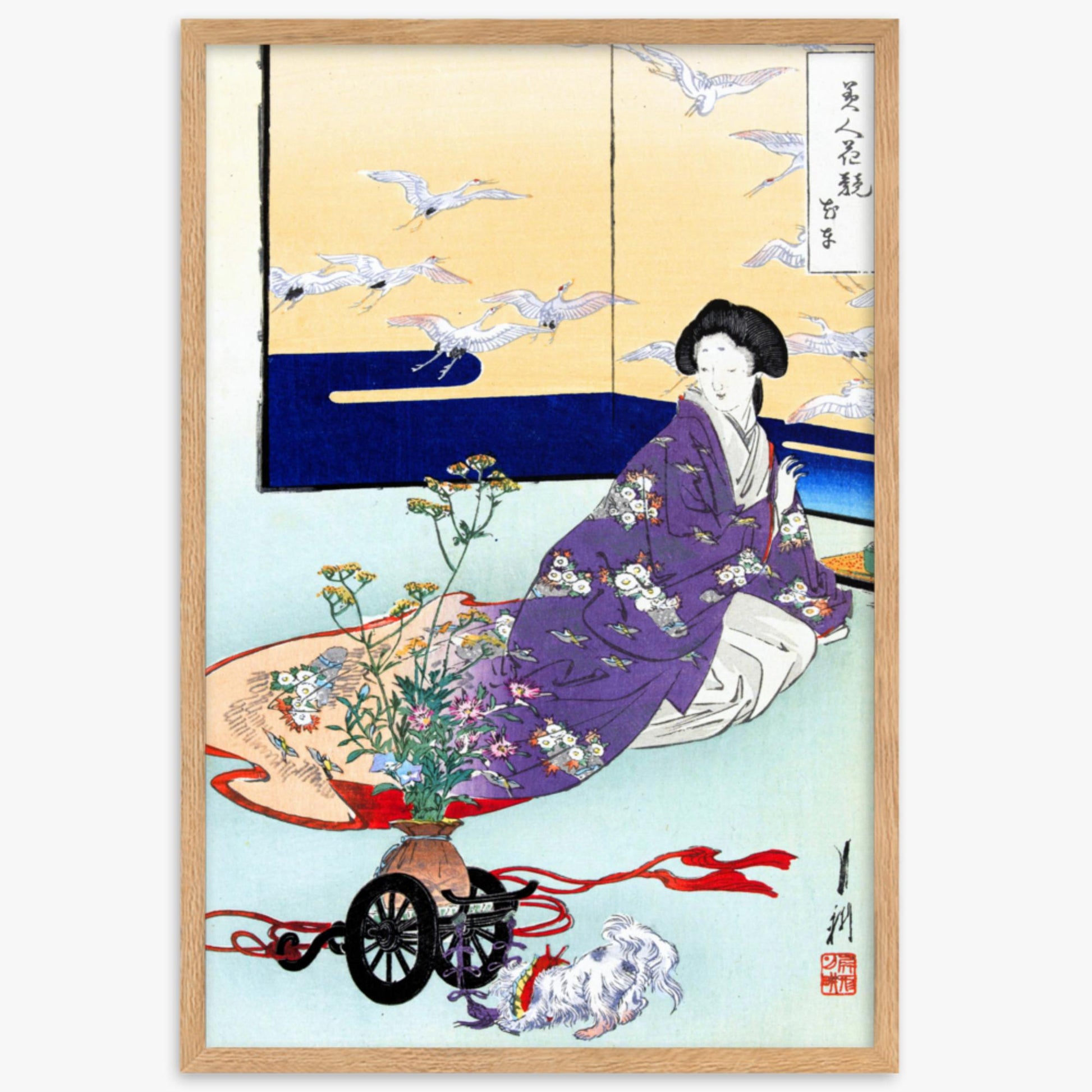 Ogata Gekko - Dog Playing with Flower Cart 61x91 cm Poster With Oak Frame