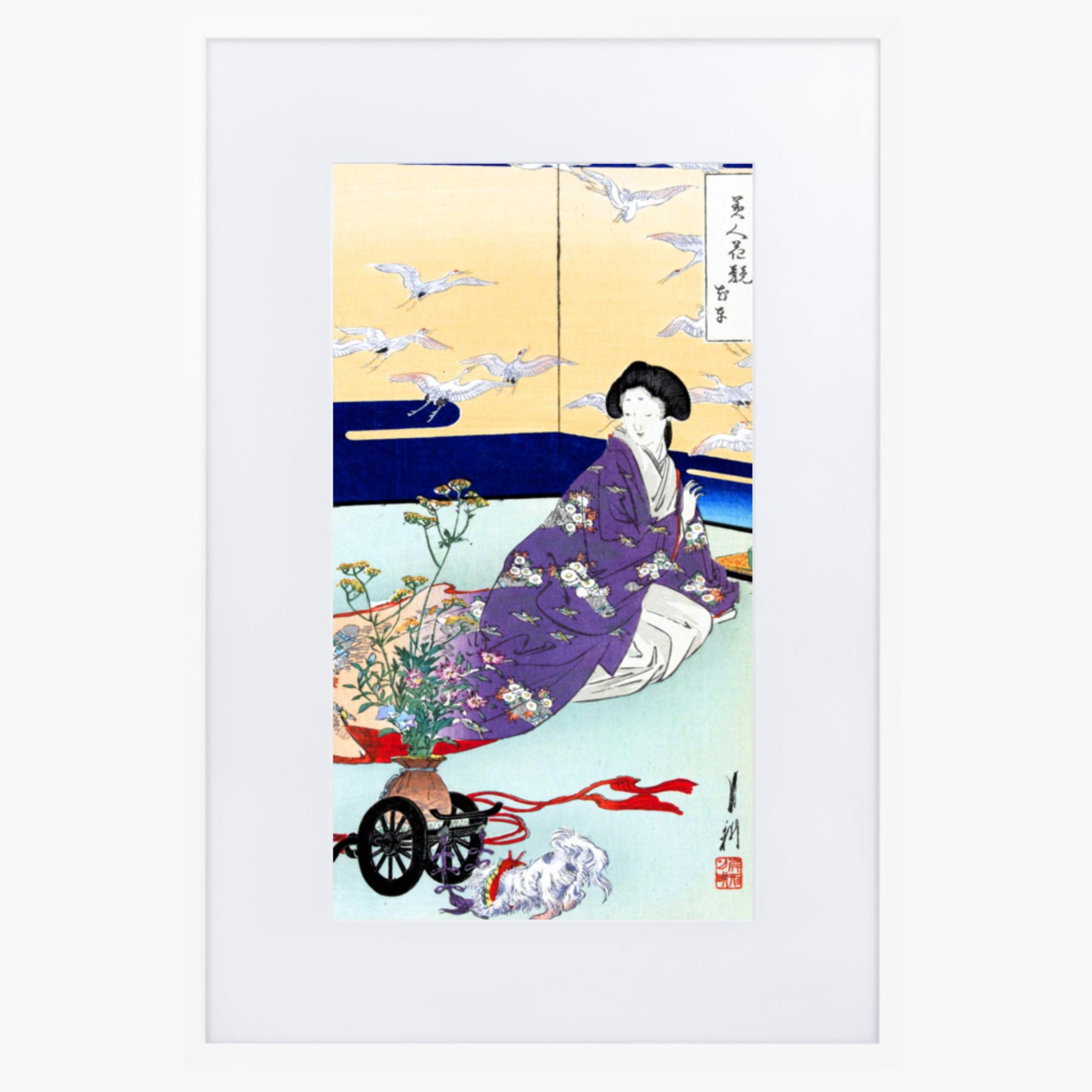 Ogata Gekko - Dog Playing with Flower Cart 61x91 cm Poster With White Frame