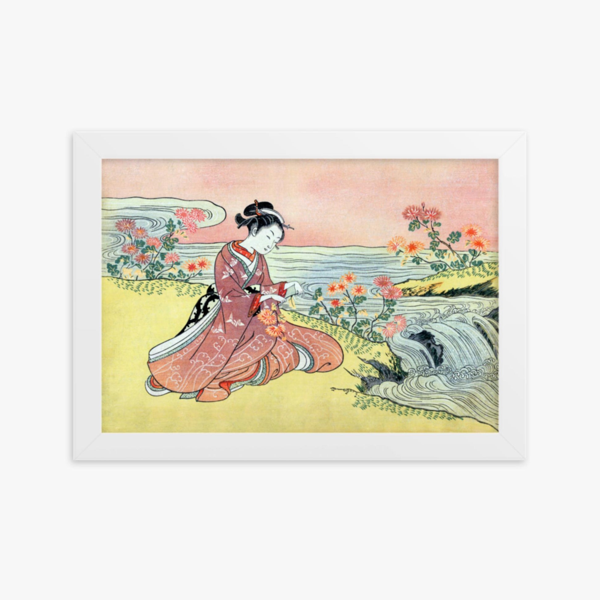 Suzuki Harunobu - Woman Picking Chrysanthemum 21x30 cm Poster With White Frame