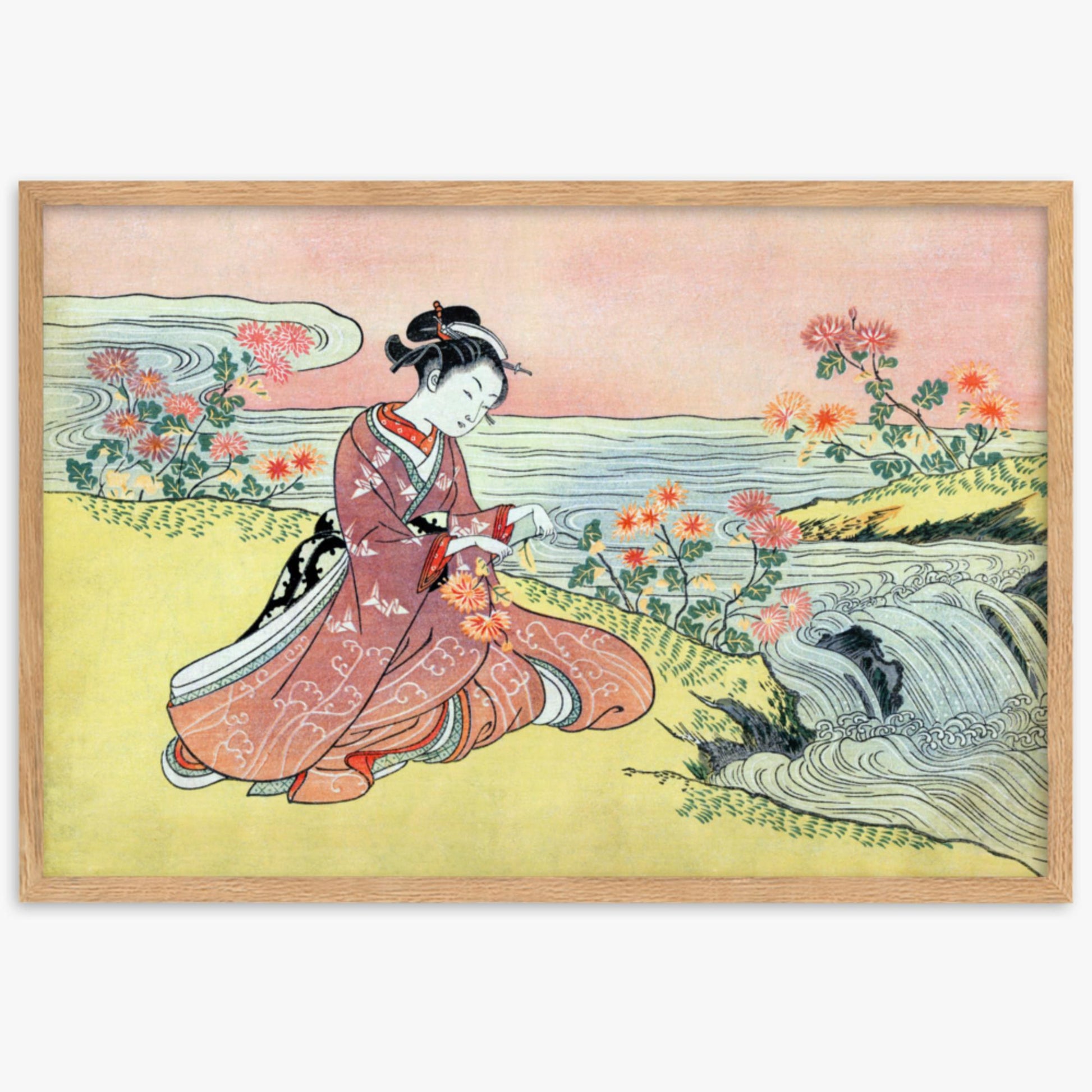 Suzuki Harunobu - Woman Picking Chrysanthemum 61x91 cm Poster With Oak Frame