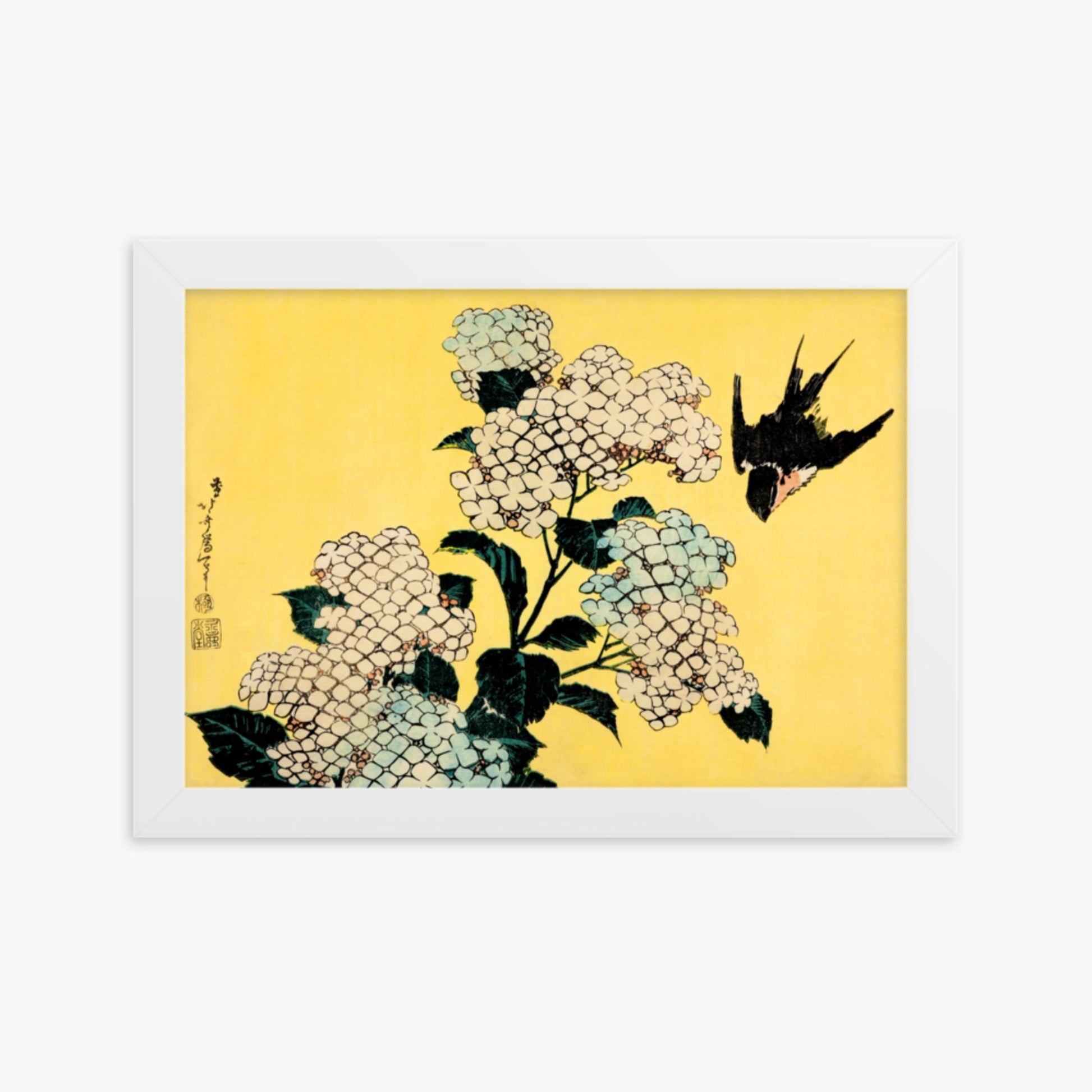 Katsushika Hokusai - Hydrangea and Swallow 21x30 cm Poster With White Frame