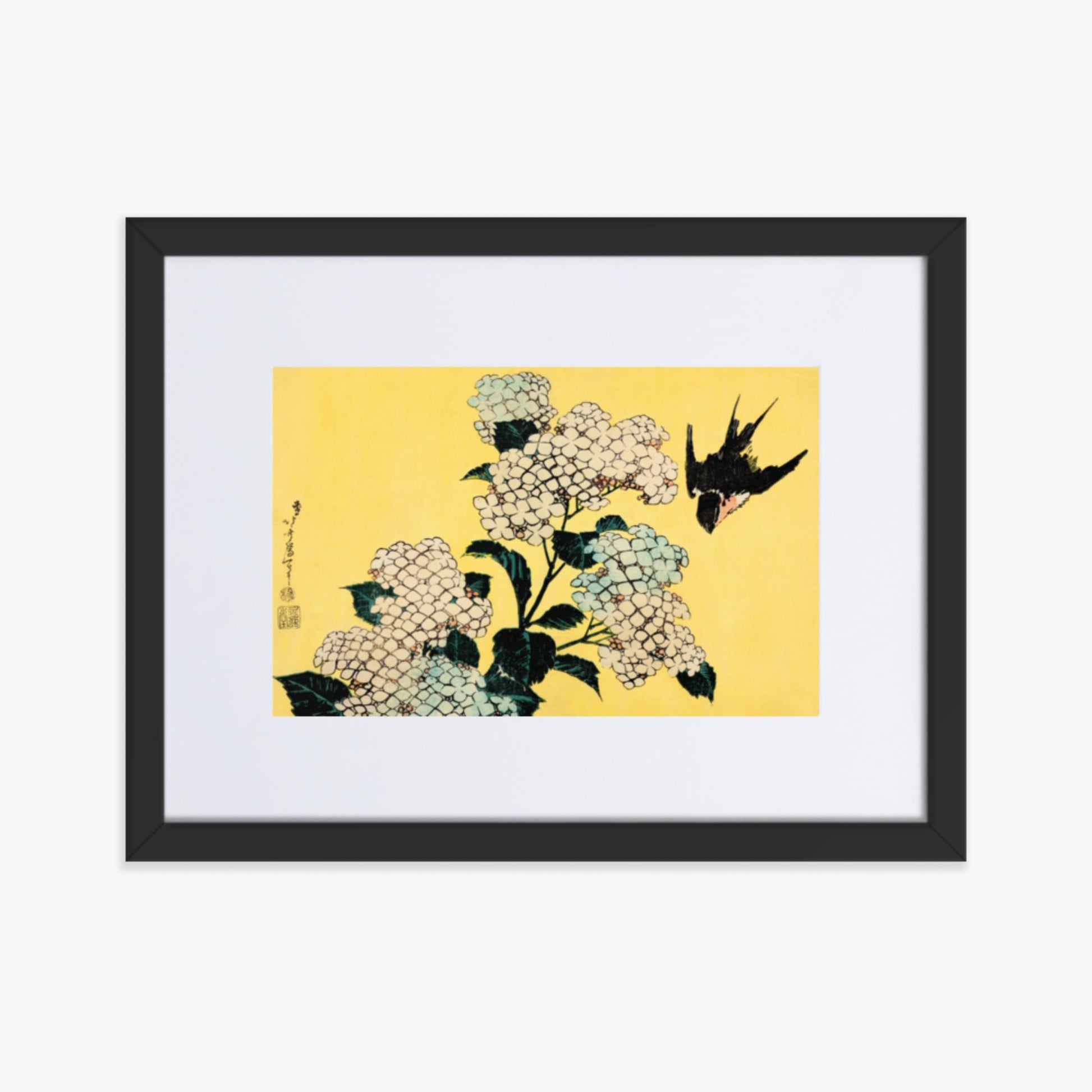 Katsushika Hokusai - Hydrangea and Swallow 30x40 cm Poster With Black Frame