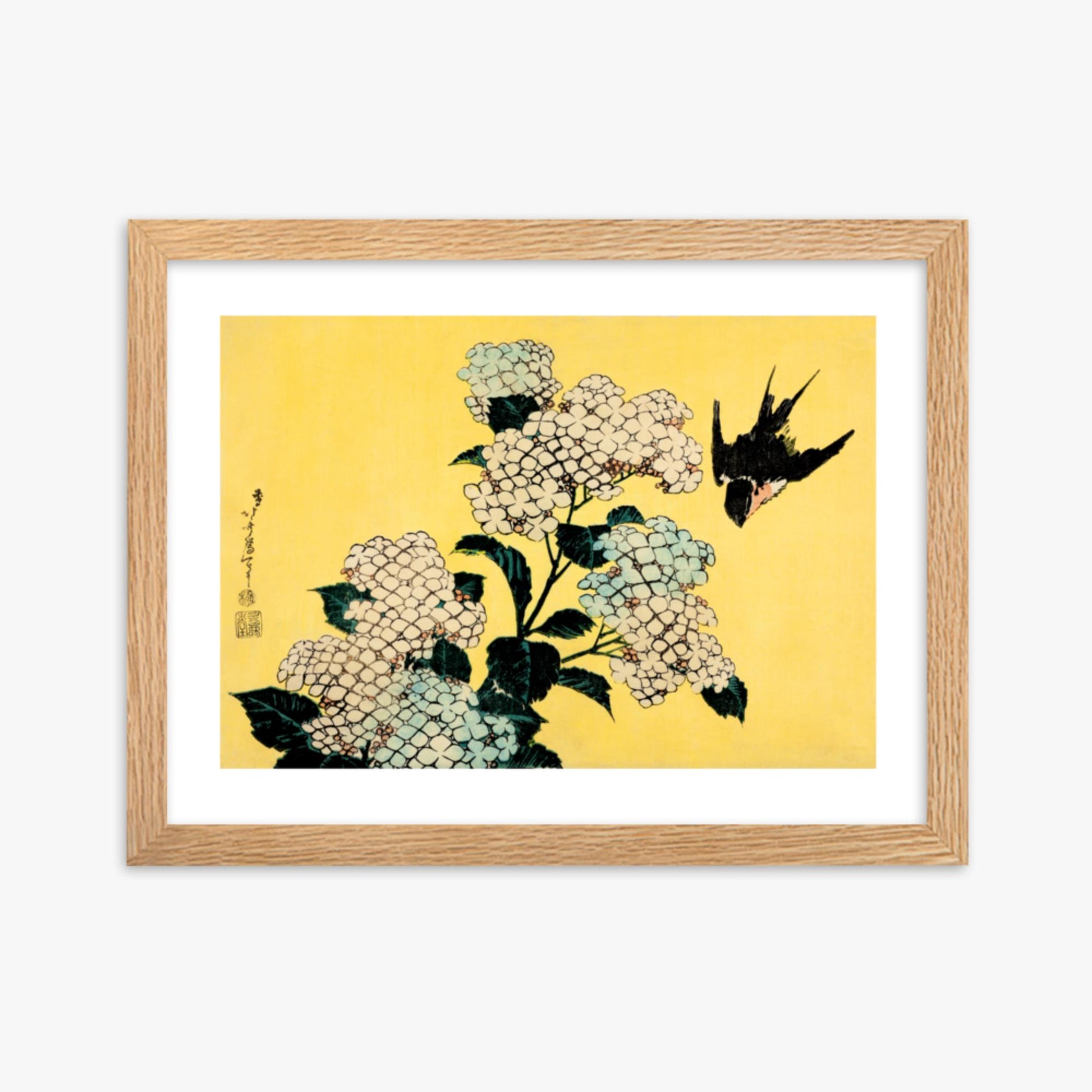 Katsushika Hokusai - Hydrangea and Swallow 30x40 cm Poster With Oak Frame