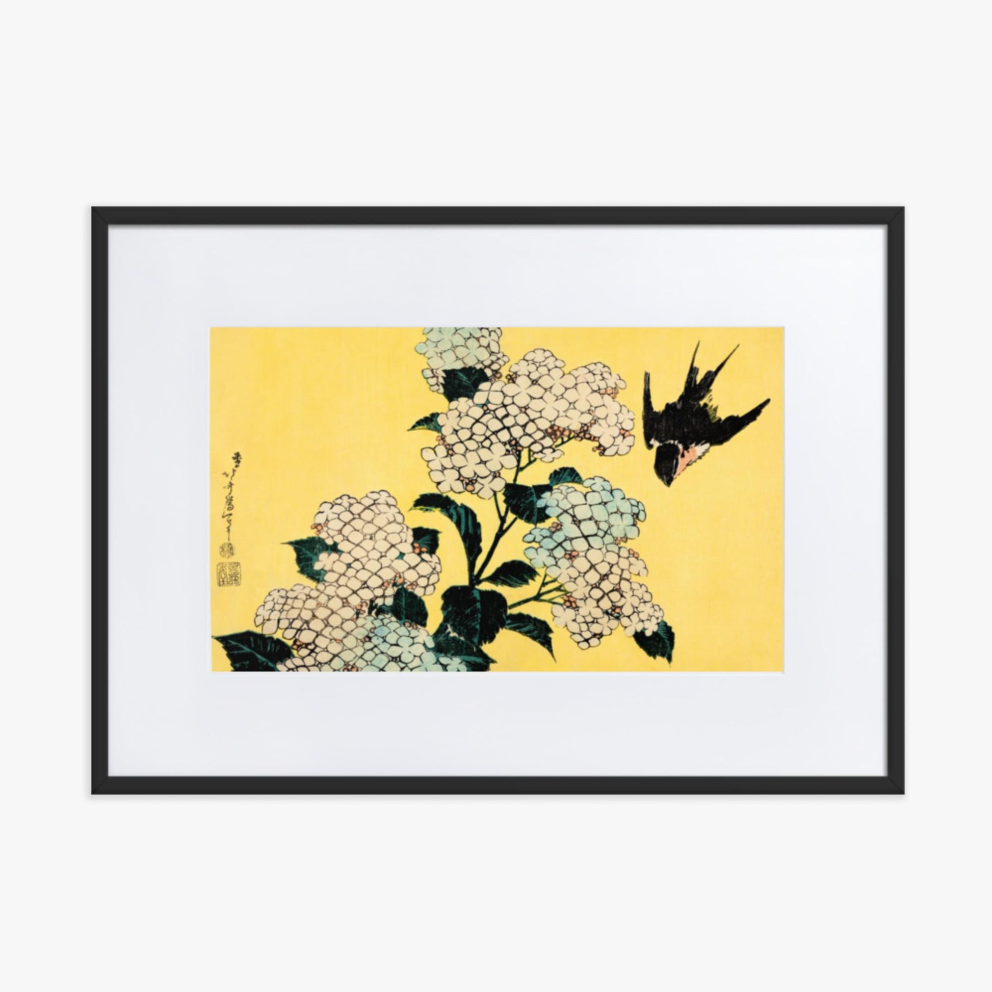 Katsushika Hokusai - Hydrangea and Swallow 50x70 cm Poster With Black Frame