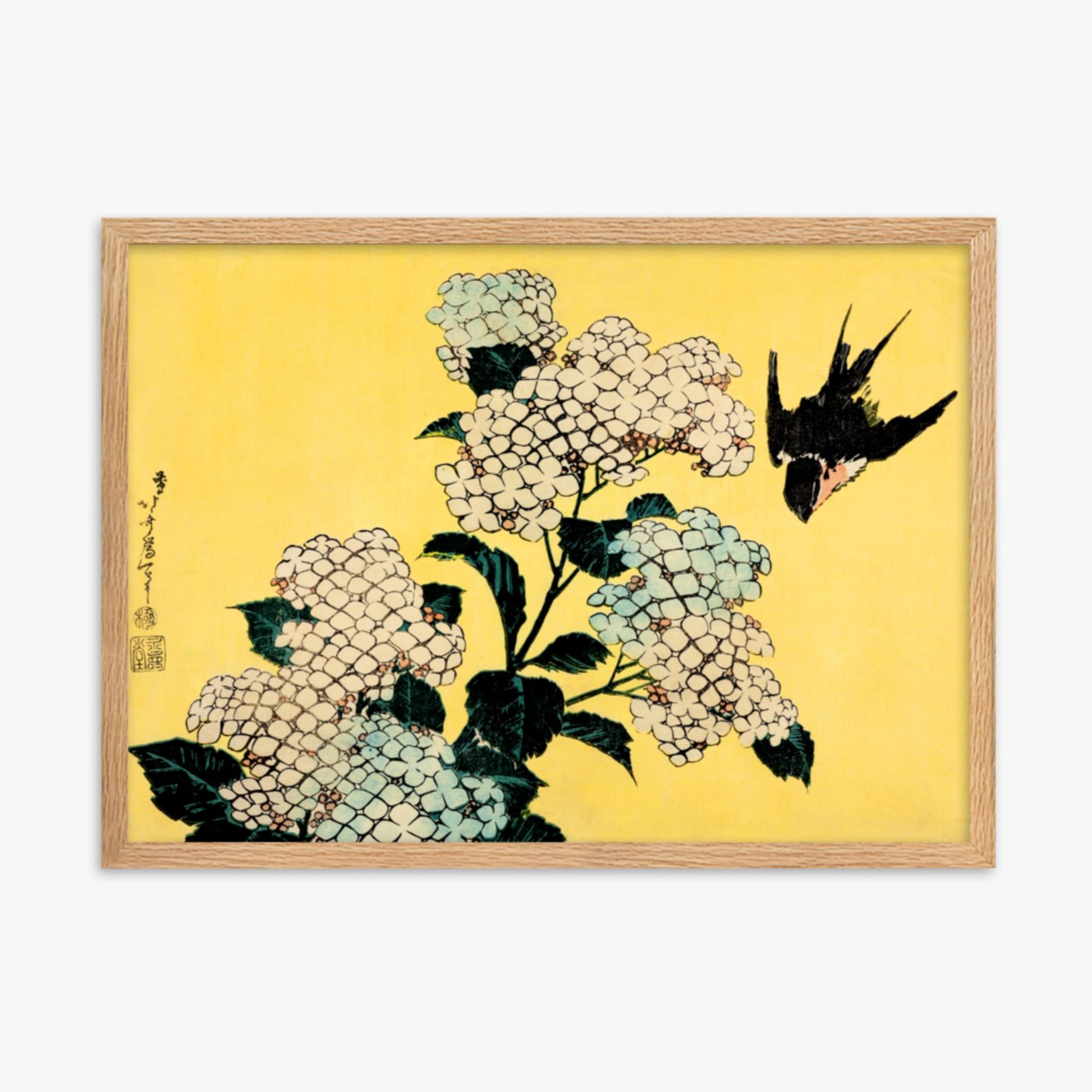 Katsushika Hokusai - Hydrangea and Swallow 50x70 cm Poster With Oak Frame