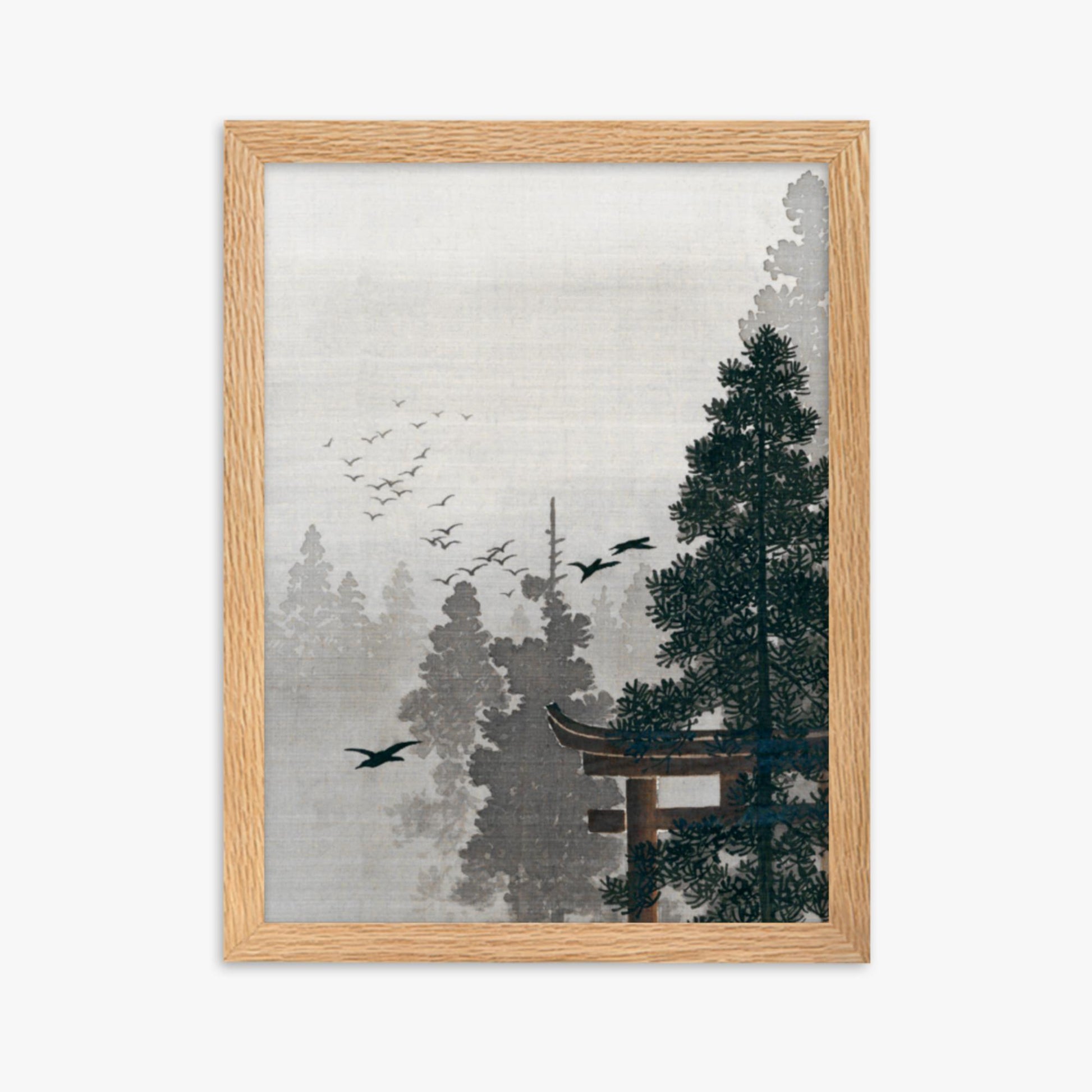 Ohara Koson - Flock of Birds and a Torii Gate in a Pine Tree Forest 30x40 cm Poster With Oak Frame