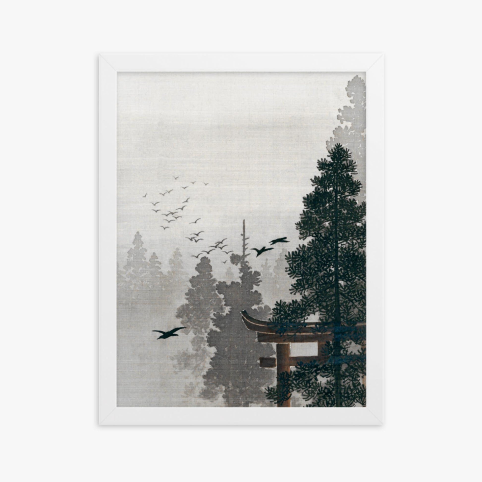 Ohara Koson - Flock of Birds and a Torii Gate in a Pine Tree Forest 30x40 cm Poster With White Frame