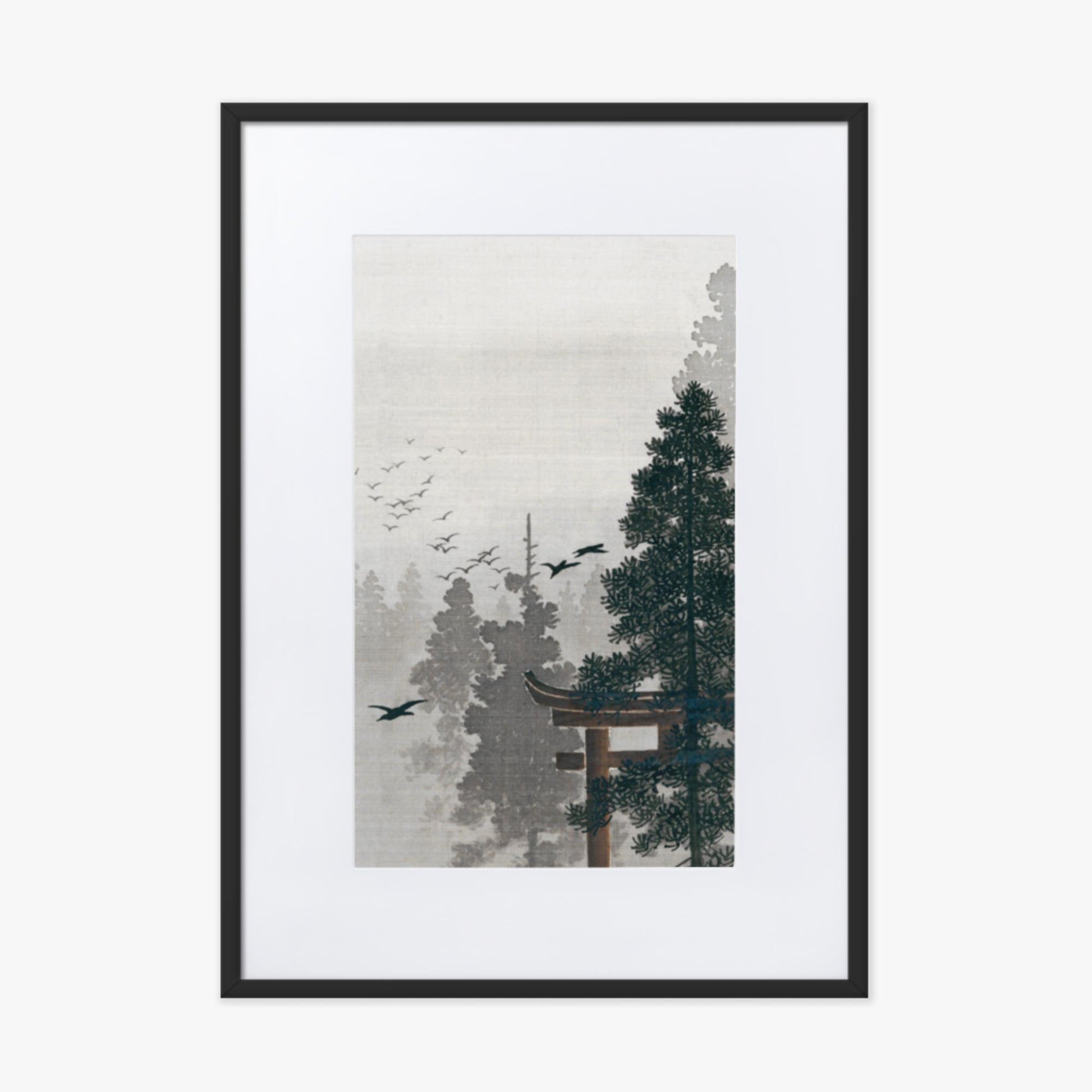 Ohara Koson - Flock of Birds and a Torii Gate in a Pine Tree Forest 50x70 cm Poster With Black Frame