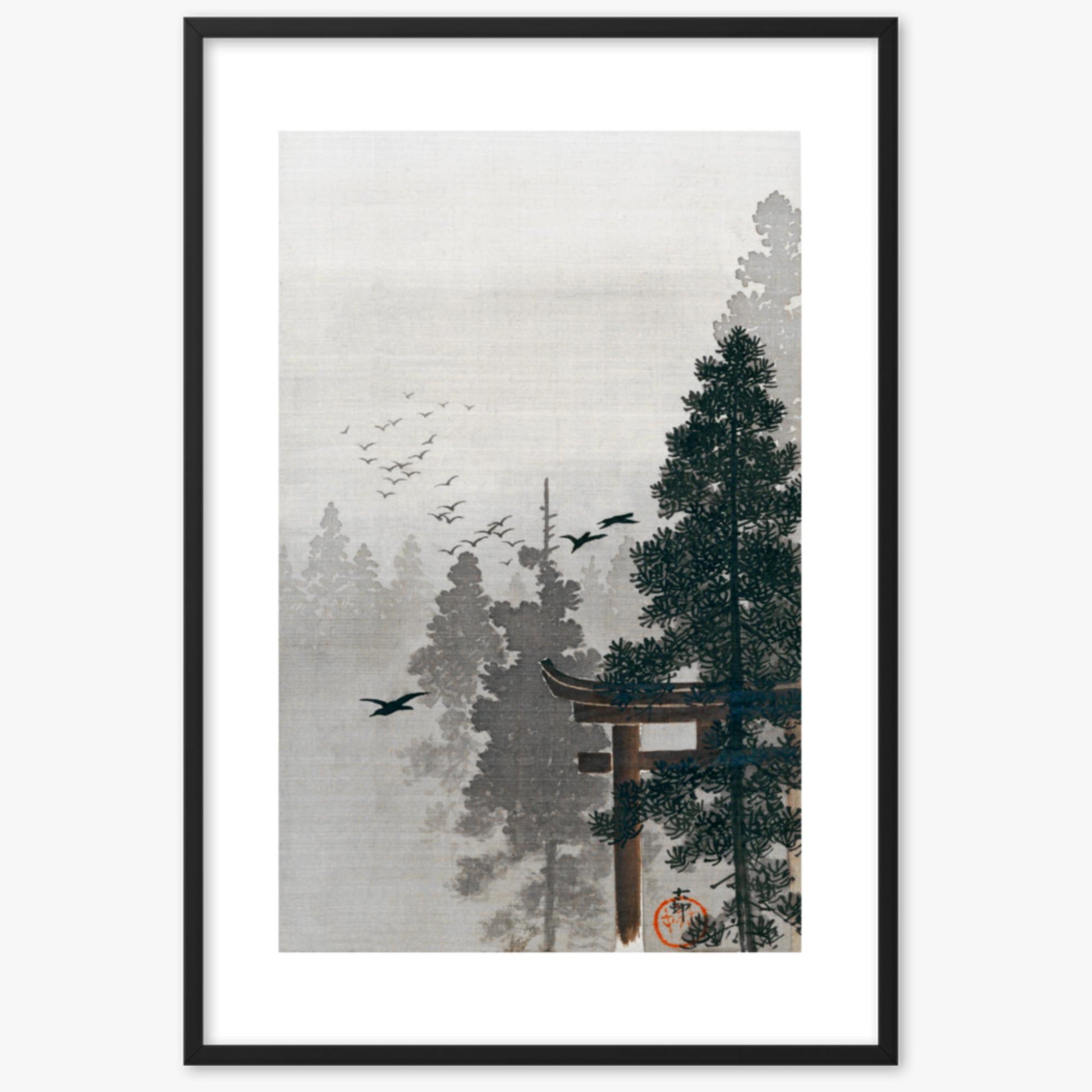 Ohara Koson - Flock of Birds and a Torii Gate in a Pine Tree Forest 61x91 cm Poster With Black Frame