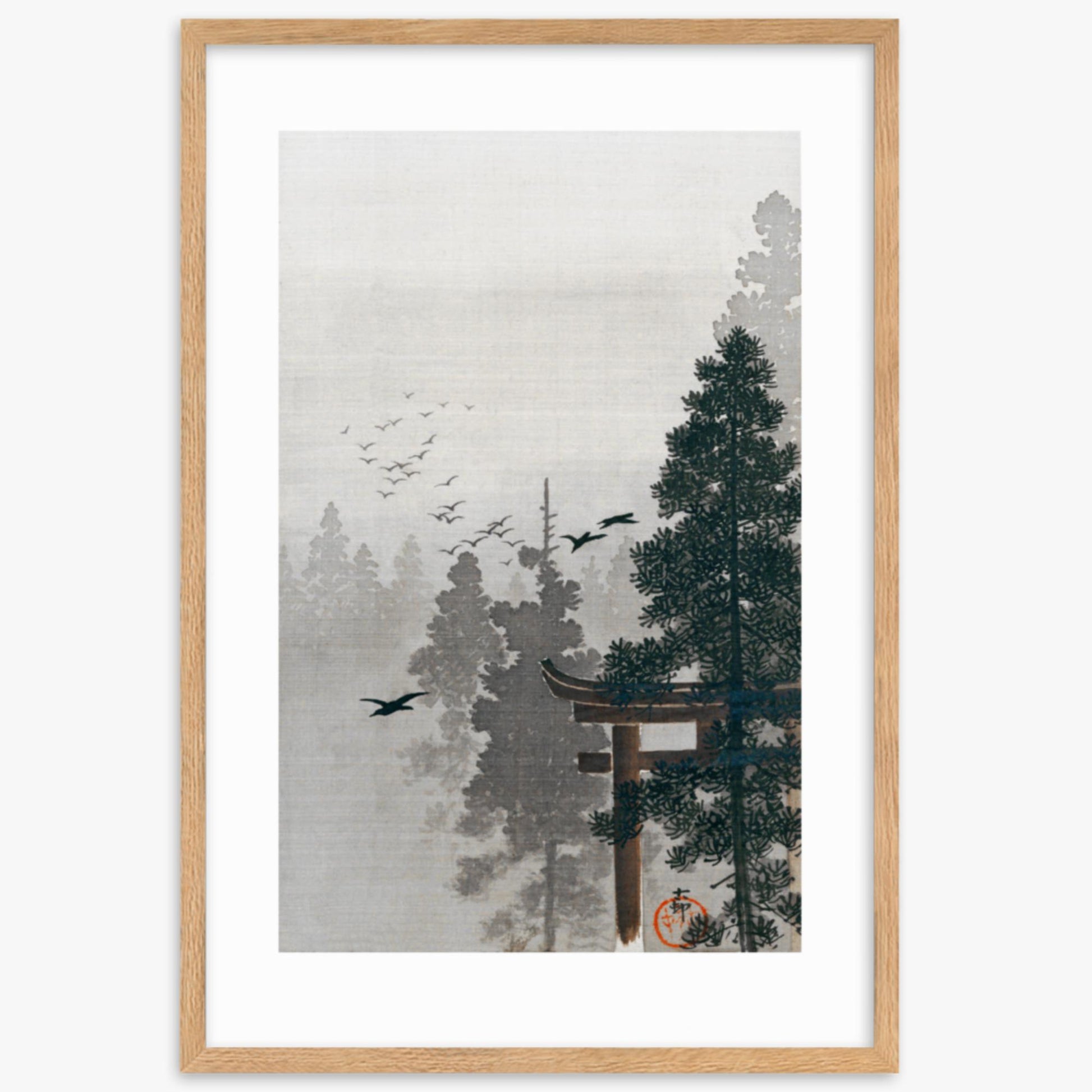 Ohara Koson - Flock of Birds and a Torii Gate in a Pine Tree Forest 61x91 cm Poster With Oak Frame