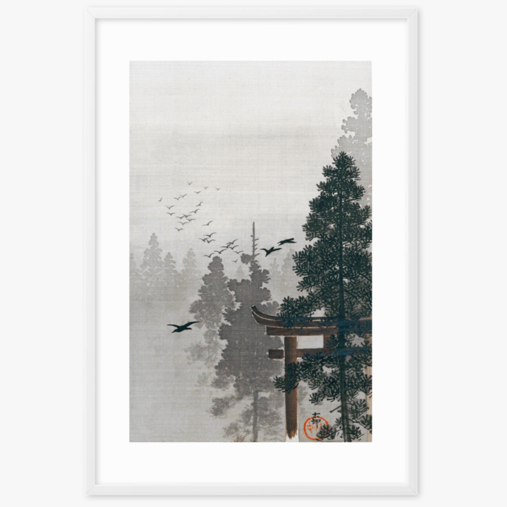 Ohara Koson - Flock of Birds and a Torii Gate in a Pine Tree Forest 61x91 cm Poster With White Frame