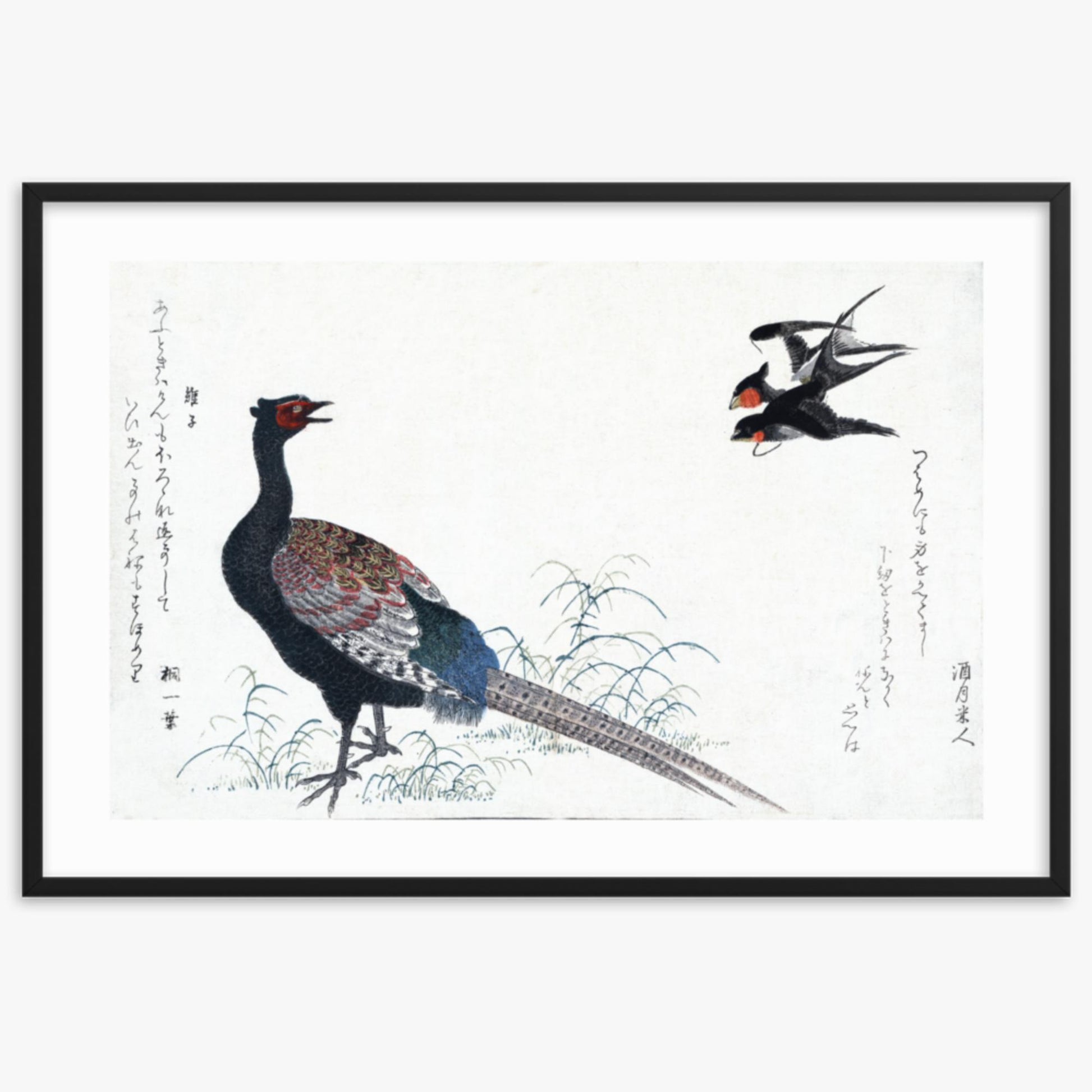 Utamaro Kitagawa - Swallows and Pheasant 61x91 cm Poster With Black Frame