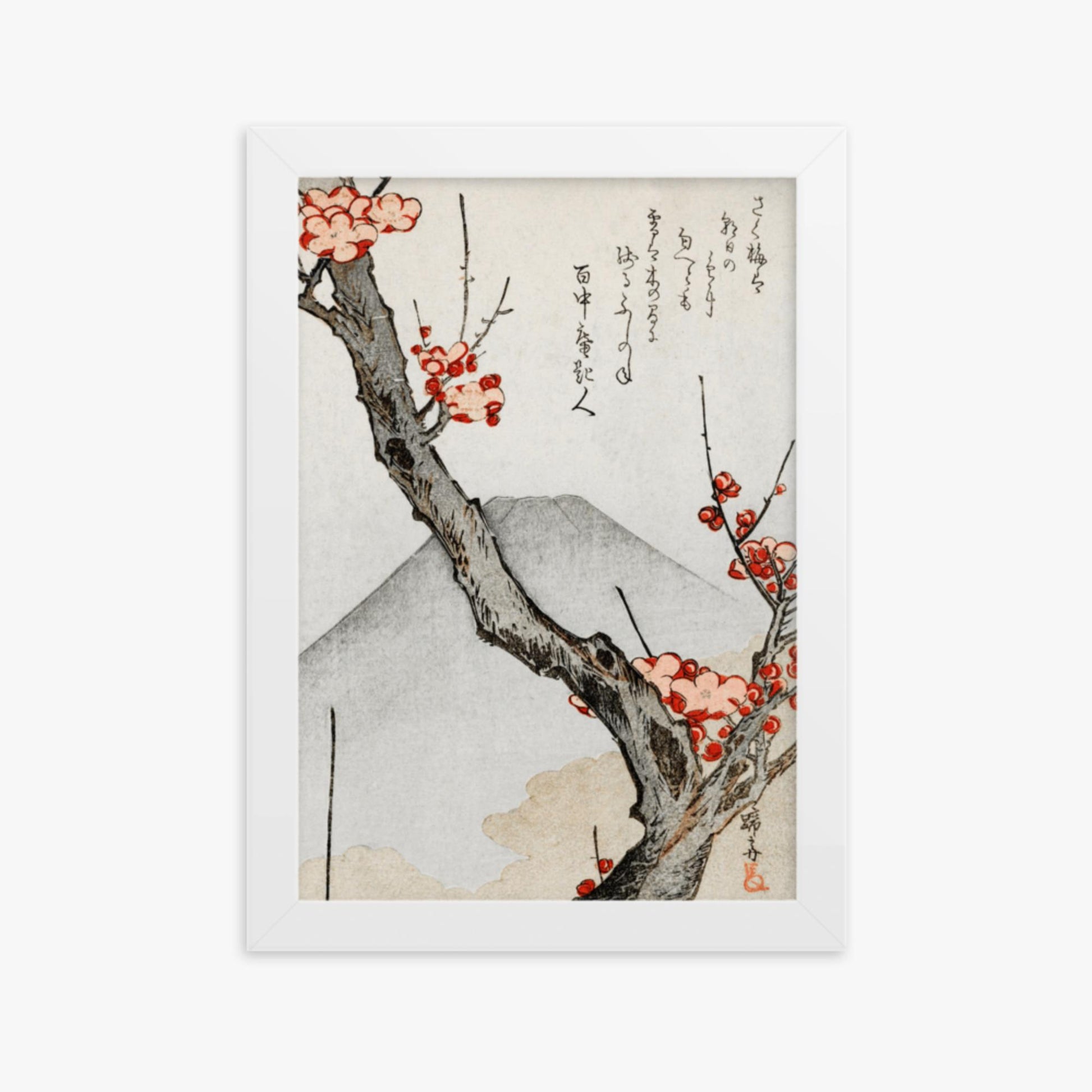 Teisai Hokuba - Mount Fuji and a Flowering Plum 21x30 cm Poster With White Frame