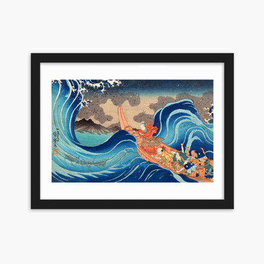 Utagawa Kuniyoshi - Calming the Stormy Sea at Tsunoda in Exile to Sado Island 30x40 cm Poster With Black Frame