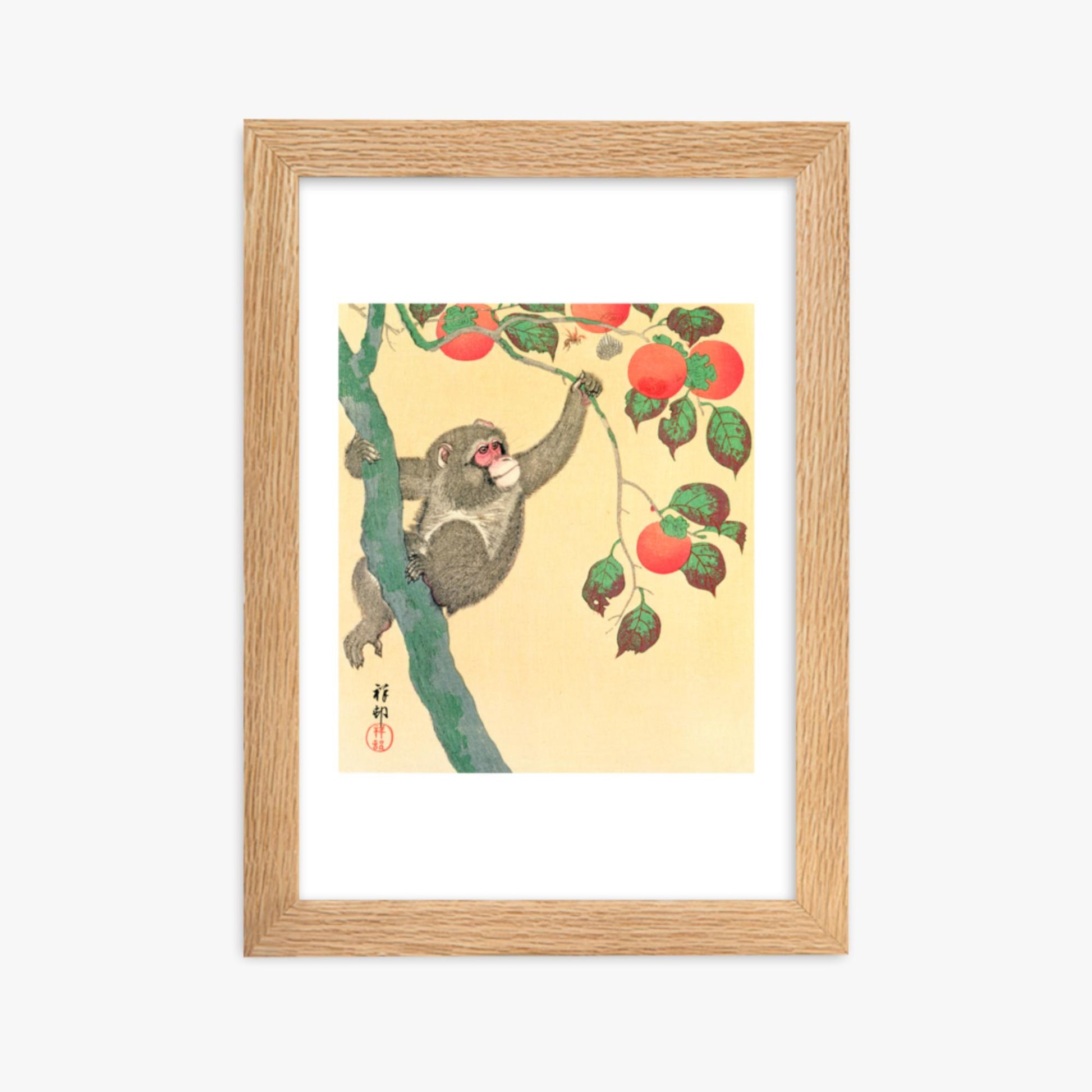 Ohara Koson: Monkey in a Persimmon - 21x30 cm Poster With Oak Frame