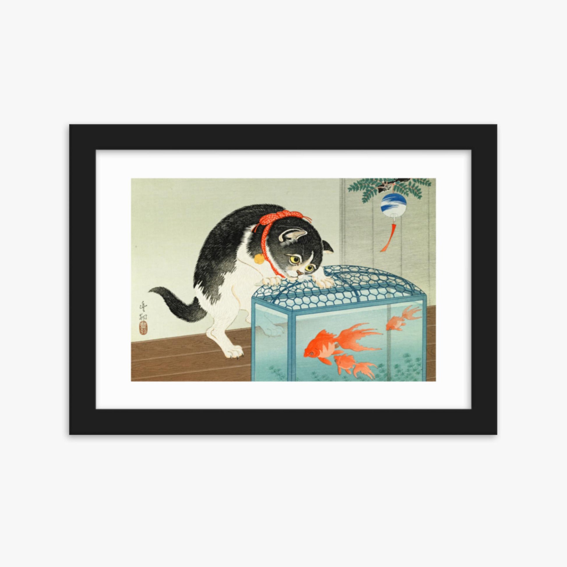 Ohara Koson: Cat and Goldfish - 21x30 cm Poster With Black Frame