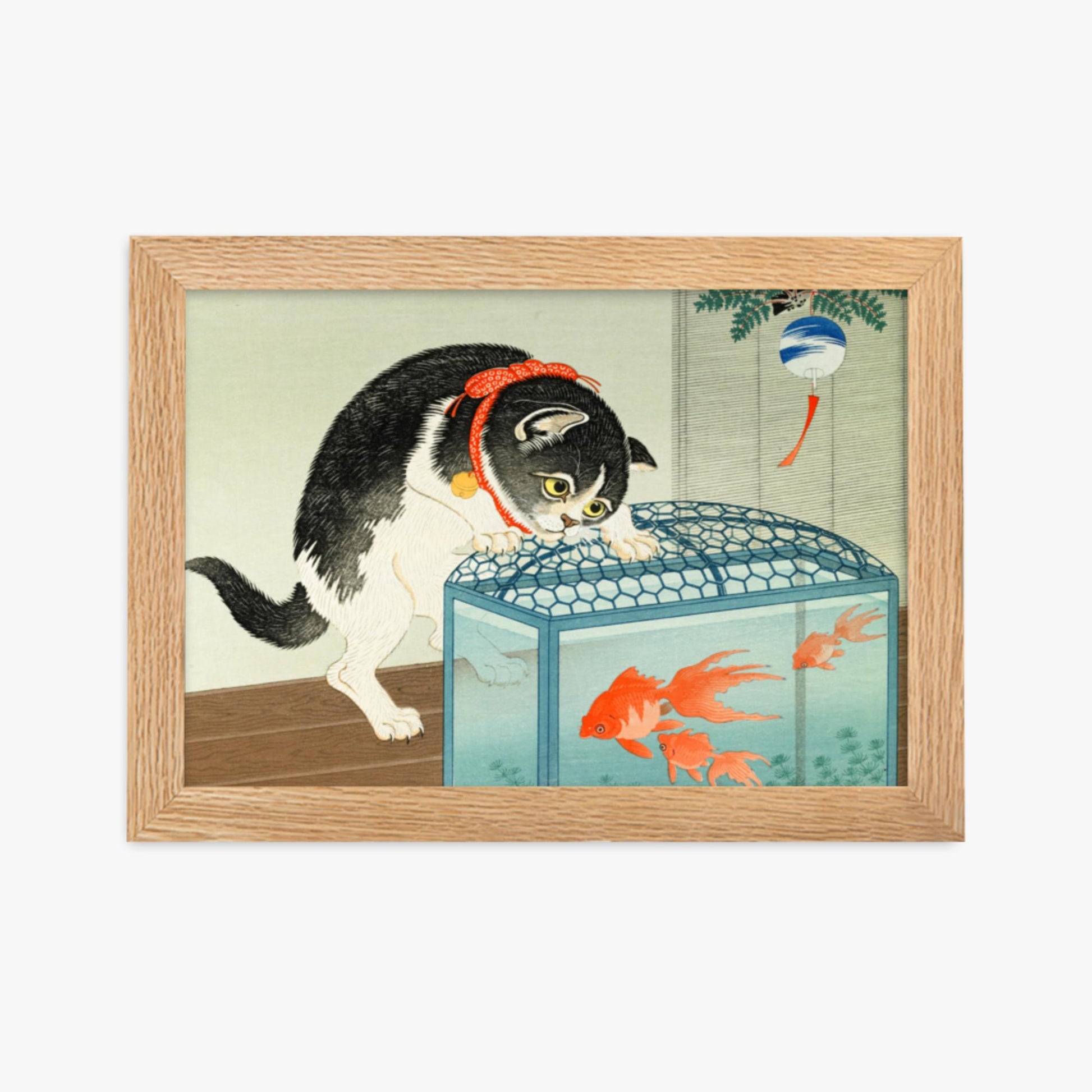 Ohara Koson: Cat and Goldfish - 21x30 cm Poster With Oak Frame