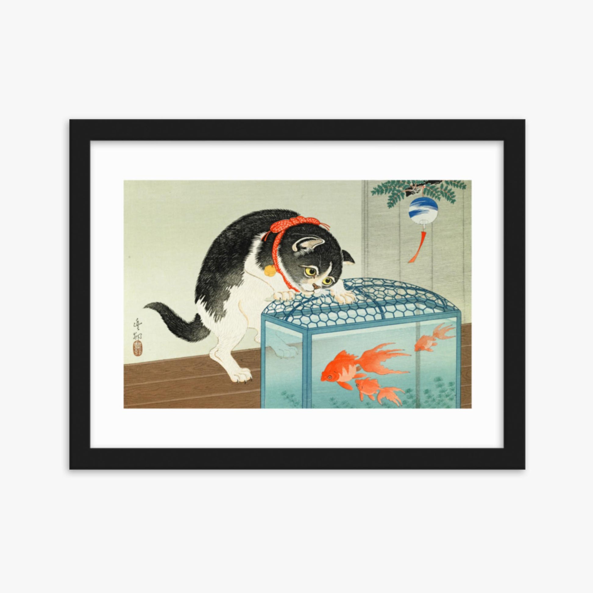 Ohara Koson: Cat and Goldfish - 30x40 cm Poster With Black Frame