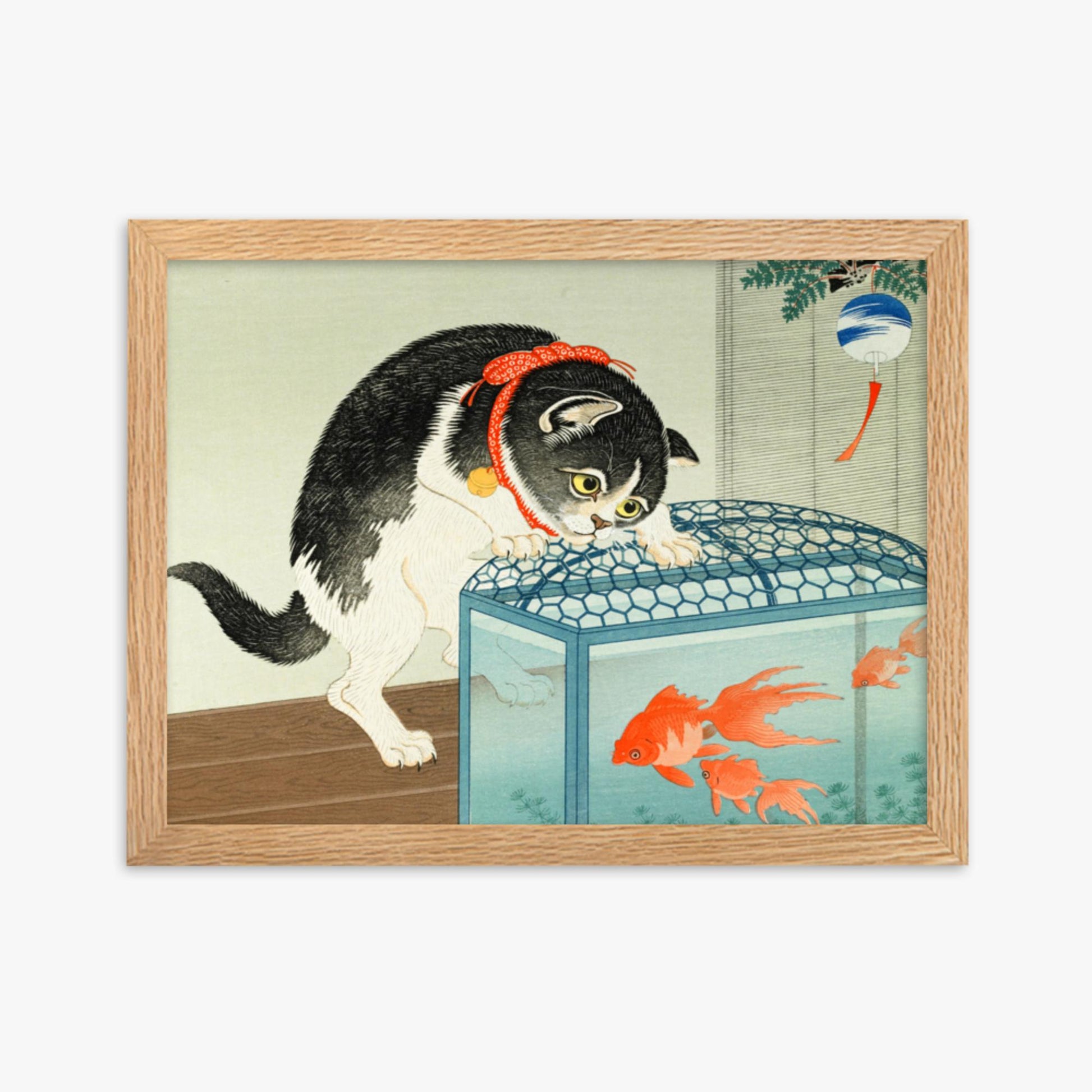 Ohara Koson: Cat and Goldfish - 30x40 cm Poster With Oak Frame