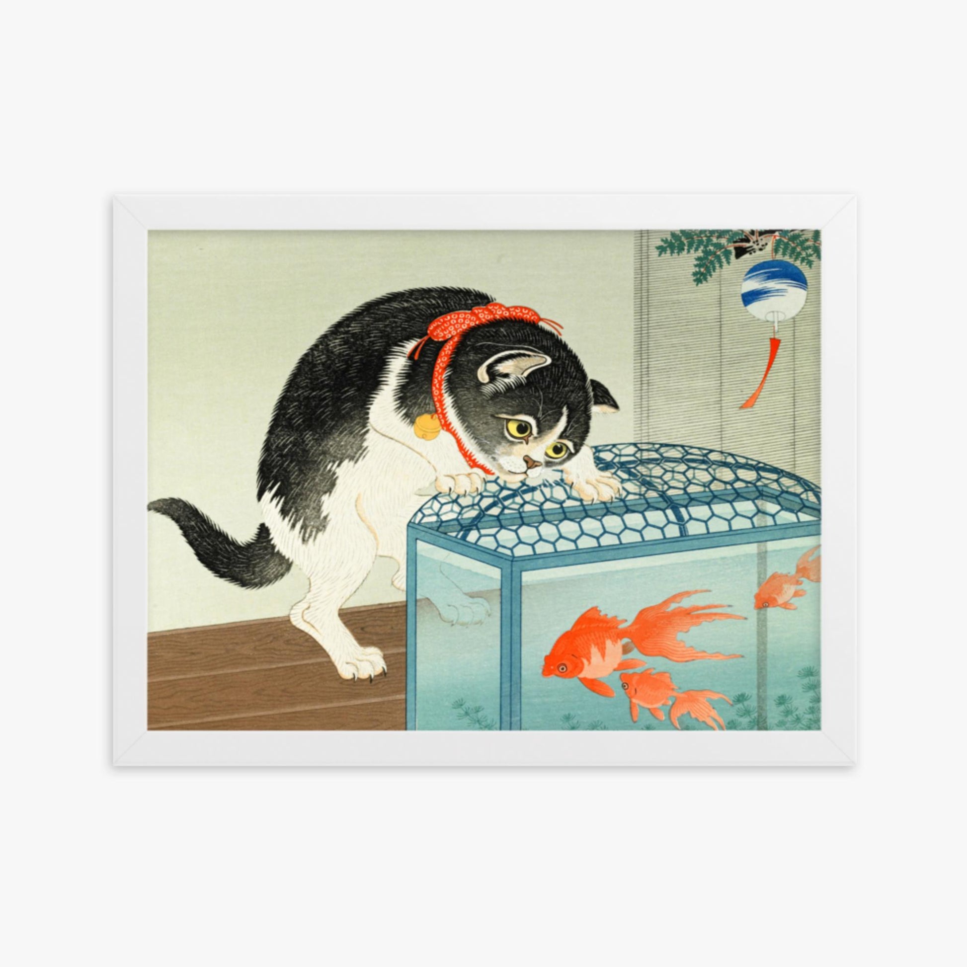 Ohara Koson: Cat and Goldfish - 30x40 cm Poster With White Frame