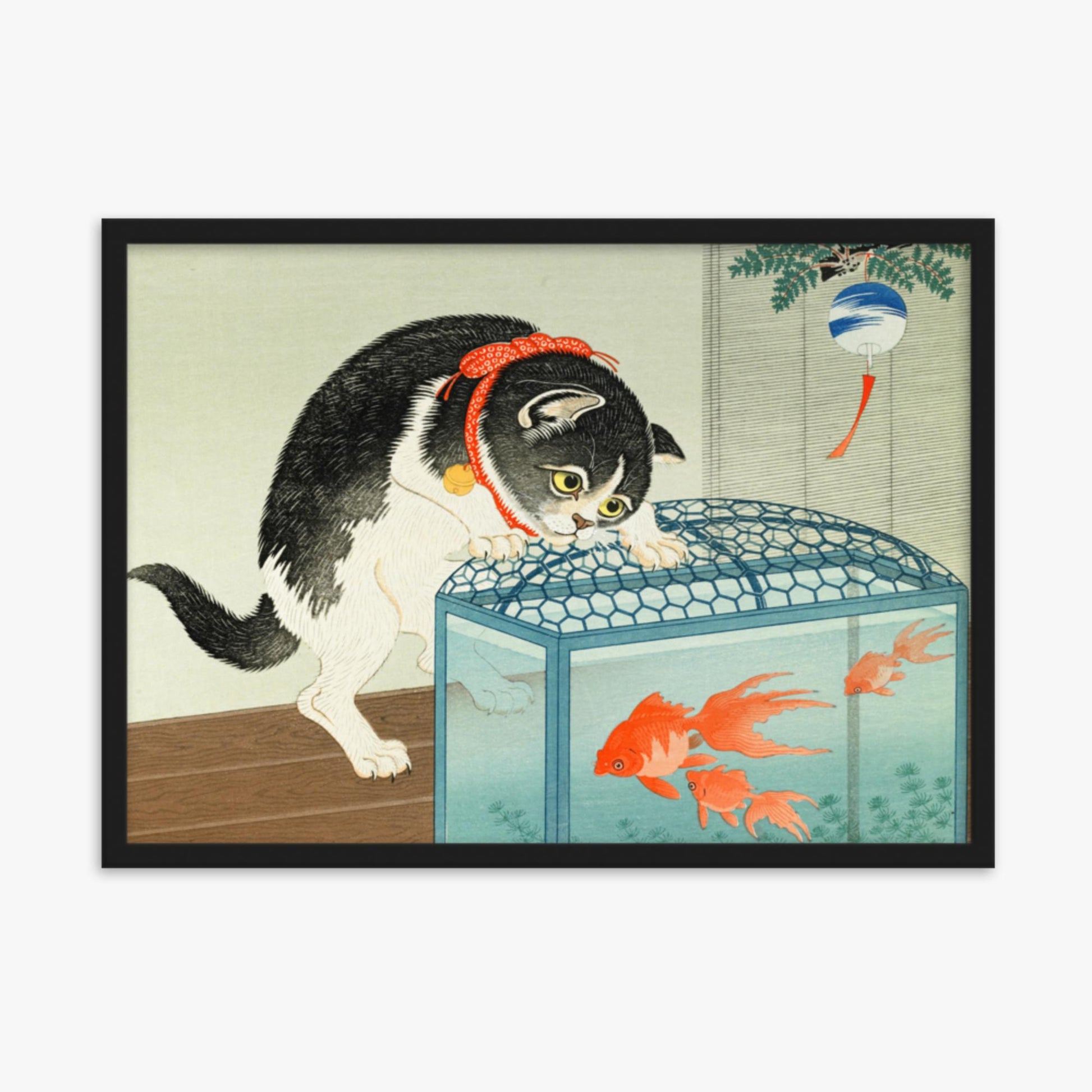 Ohara Koson: Cat and Goldfish - 50x70 cm Poster With Black Frame