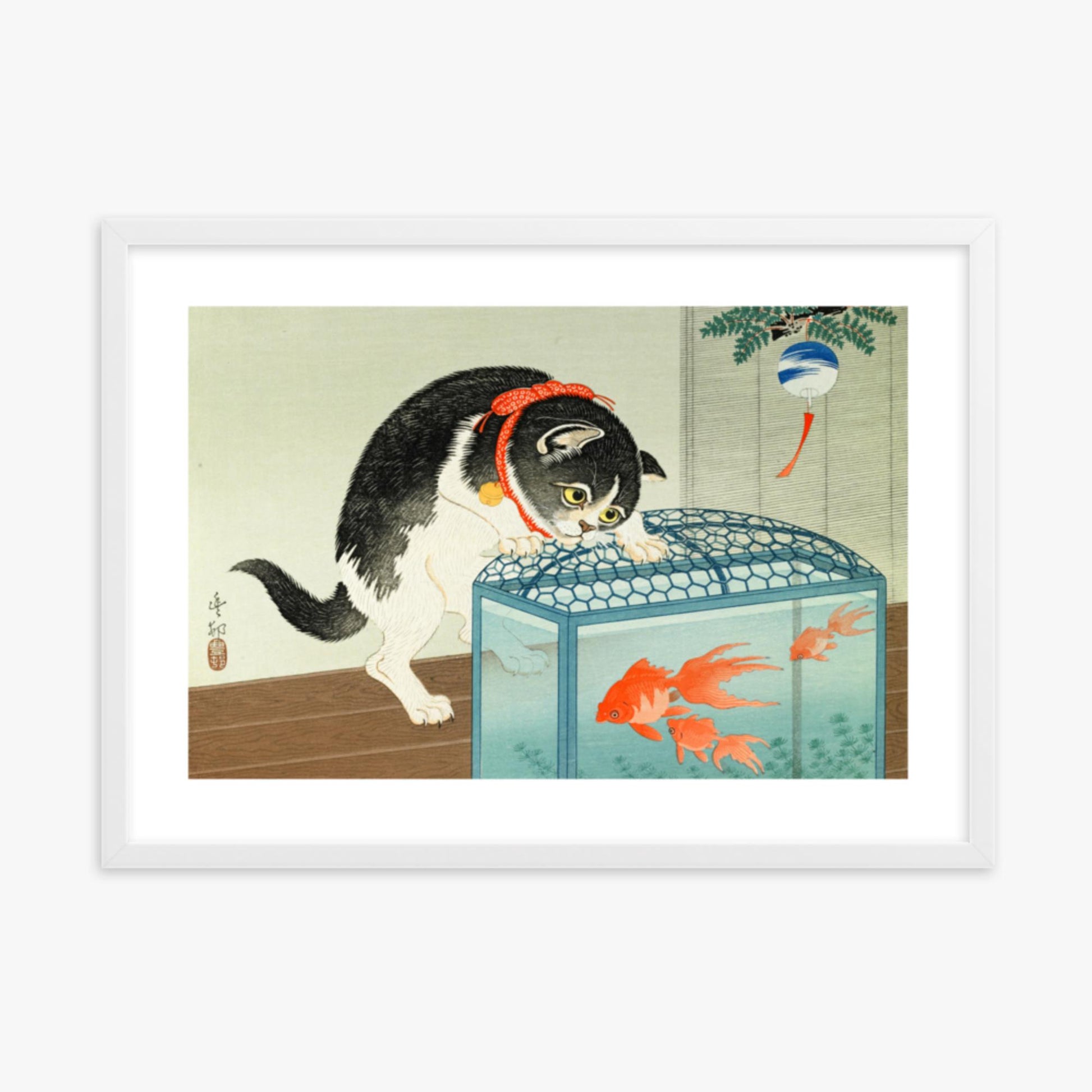 Ohara Koson: Cat and Goldfish - 50x70 cm Poster With White Frame