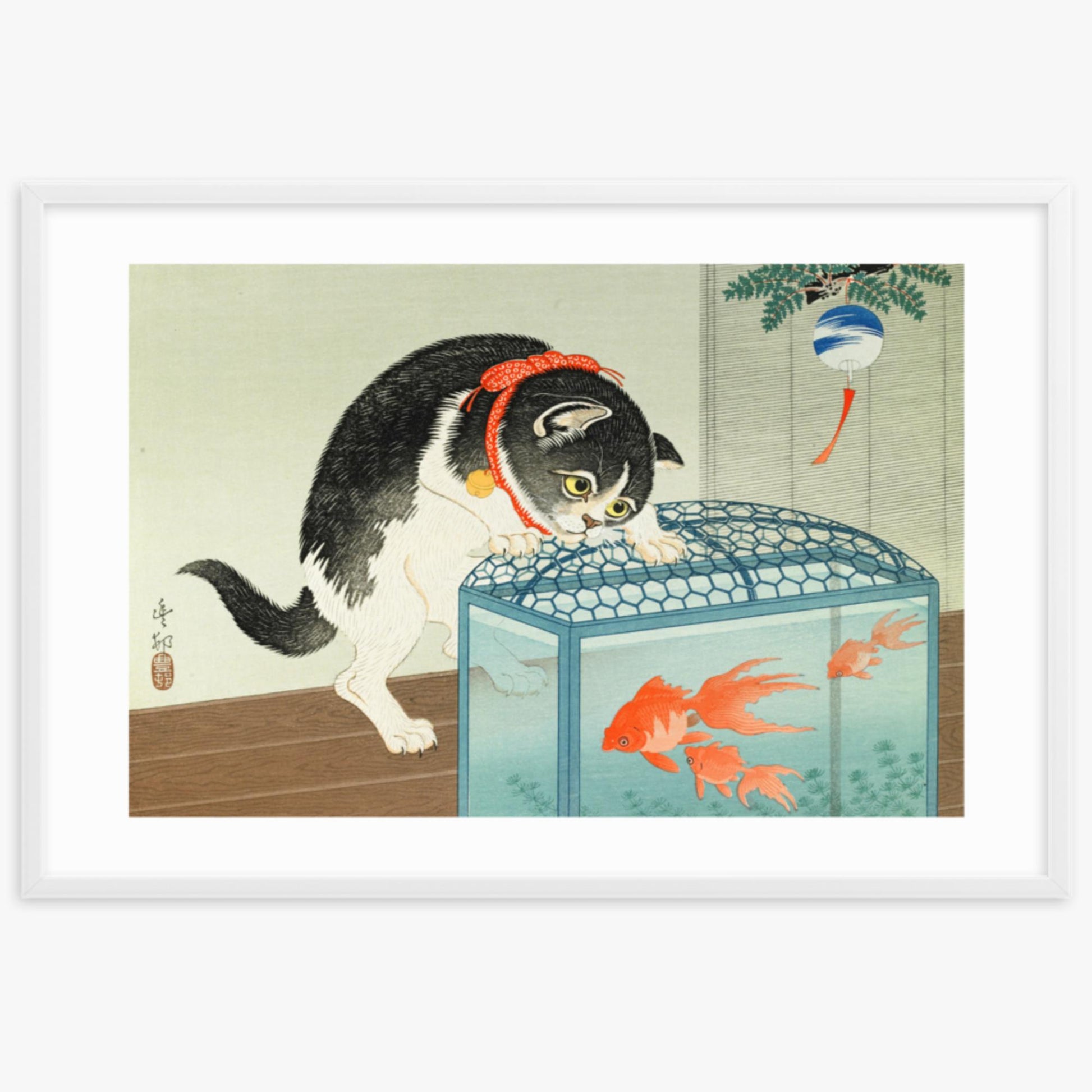 Ohara Koson: Cat and Goldfish - 61x91 cm Poster With White Frame