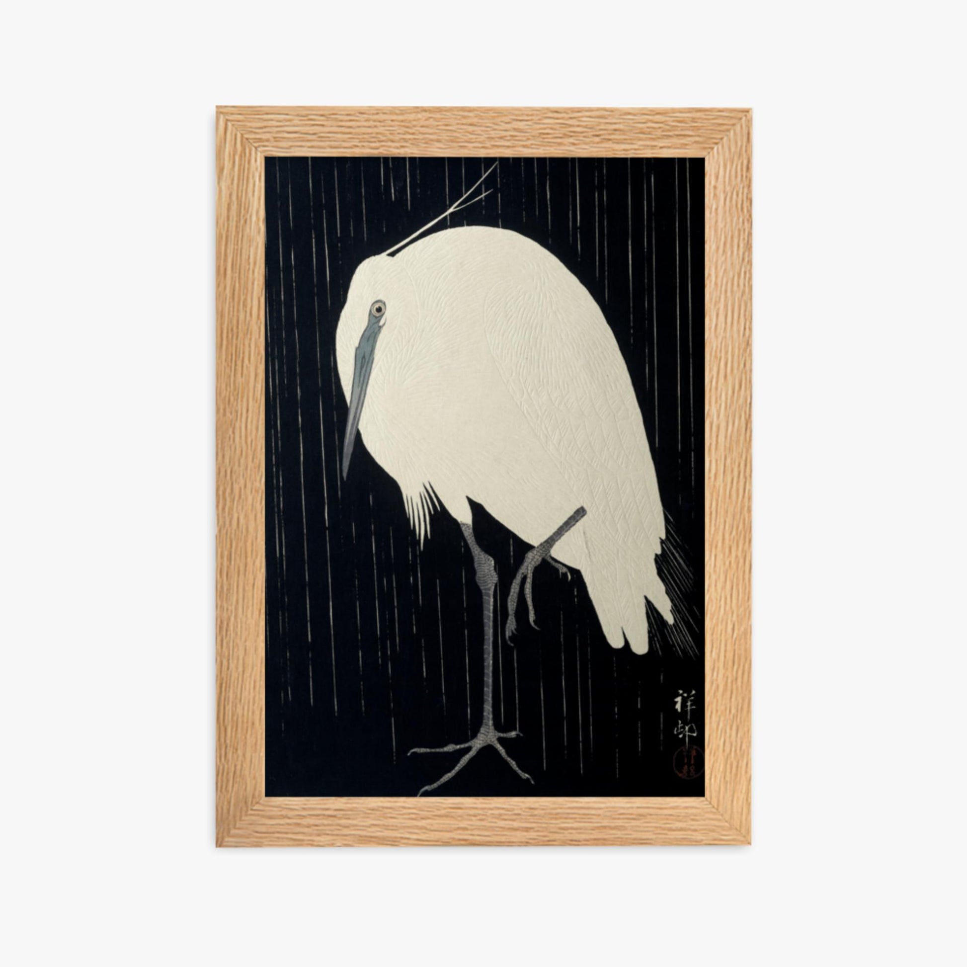 Ohara Koson: Egret in the Rain - 21x30 cm Poster With Oak Frame