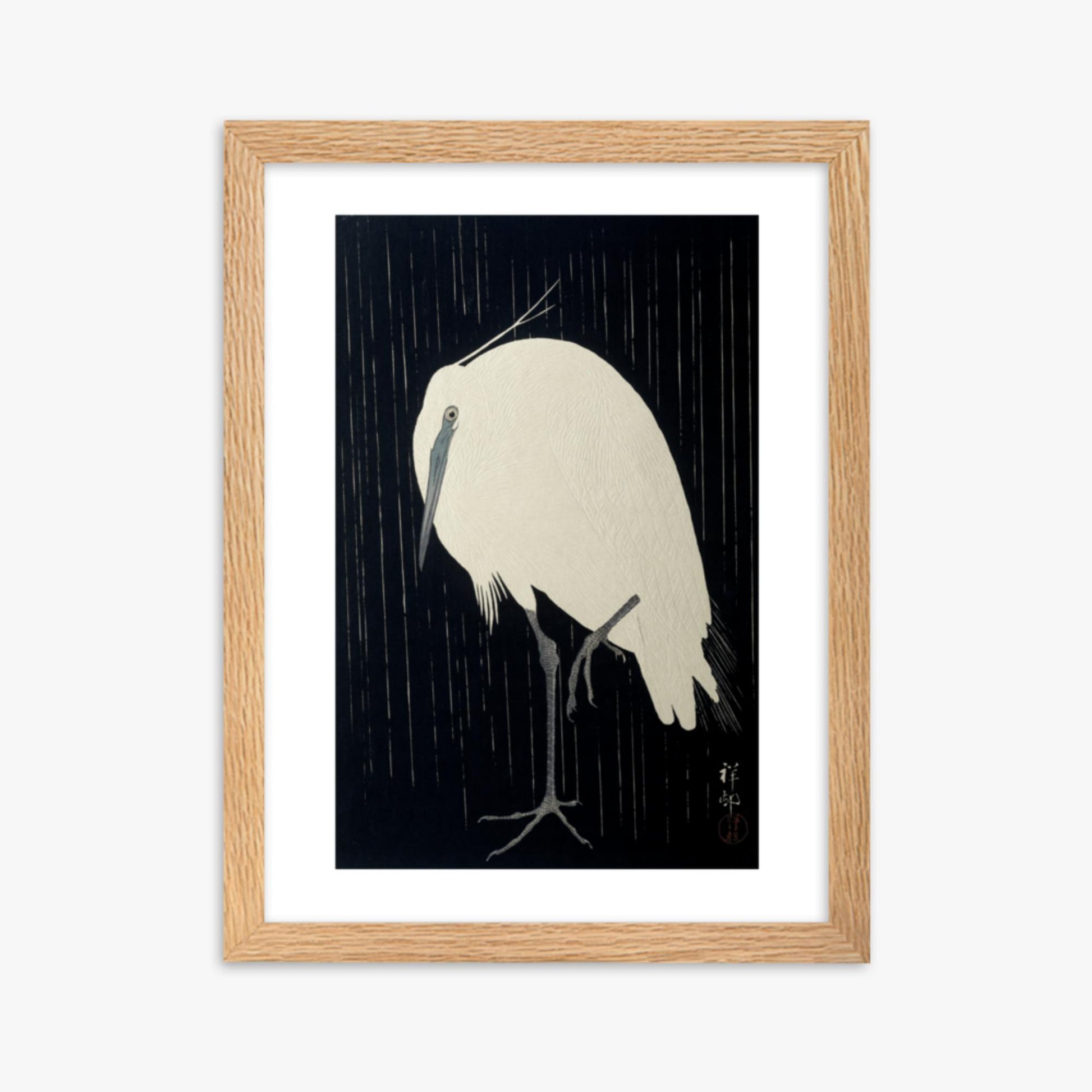 Ohara Koson: Egret in the Rain - 30x40 cm Poster With Oak Frame