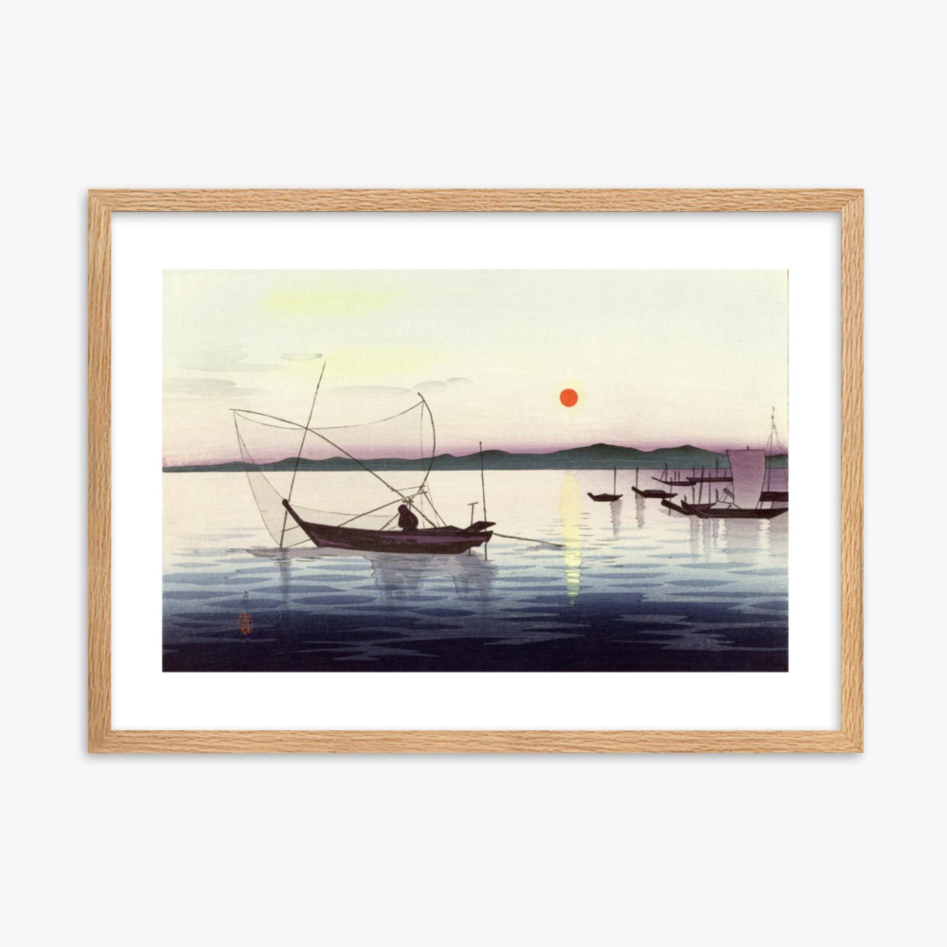 Ohara Koson: Fishing boats at sunset - 50x70 cm Poster With Oak Frame