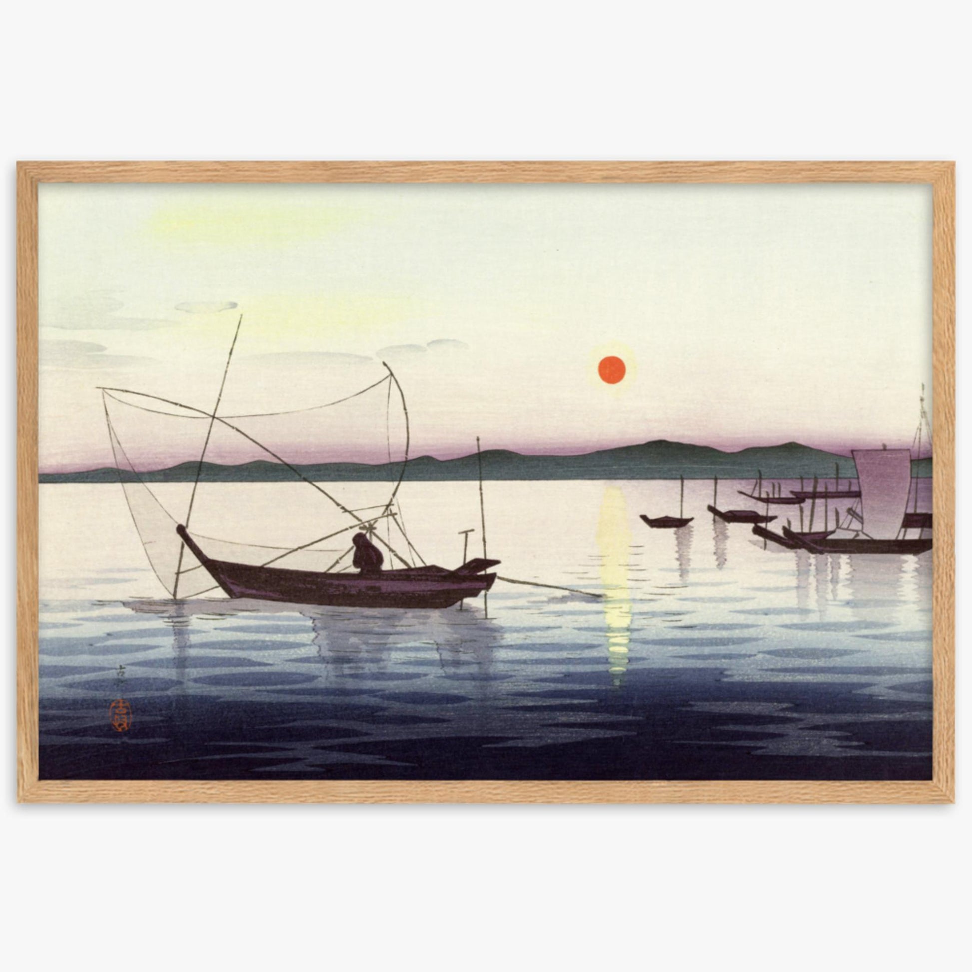 Ohara Koson: Fishing boats at sunset - 61x91 cm Poster With Oak Frame