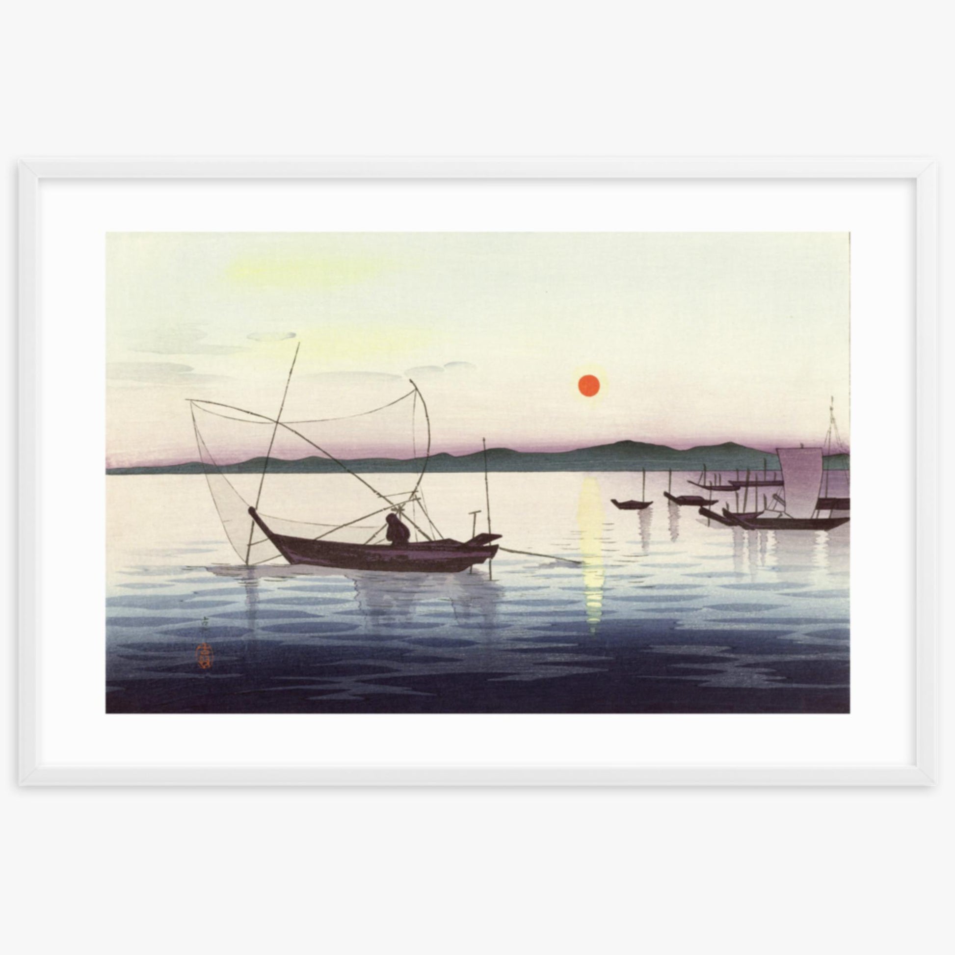 Ohara Koson: Fishing boats at sunset - 61x91 cm Poster With White Frame