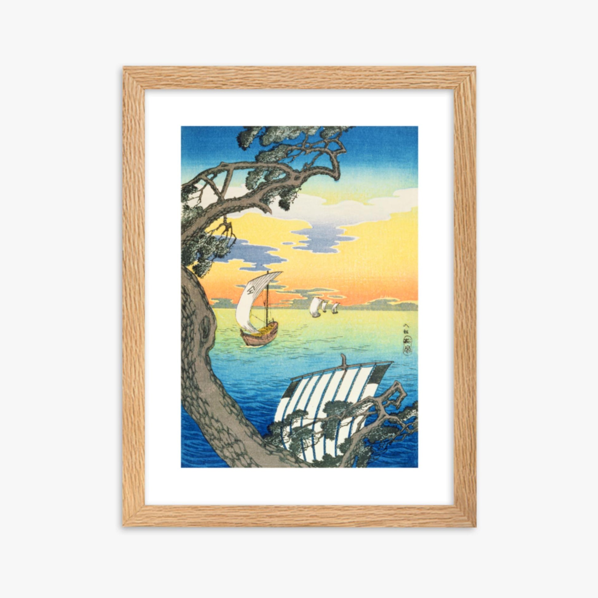 Takahashi Hiroaki: Returning Boats - 30x40 cm Poster With Oak Frame