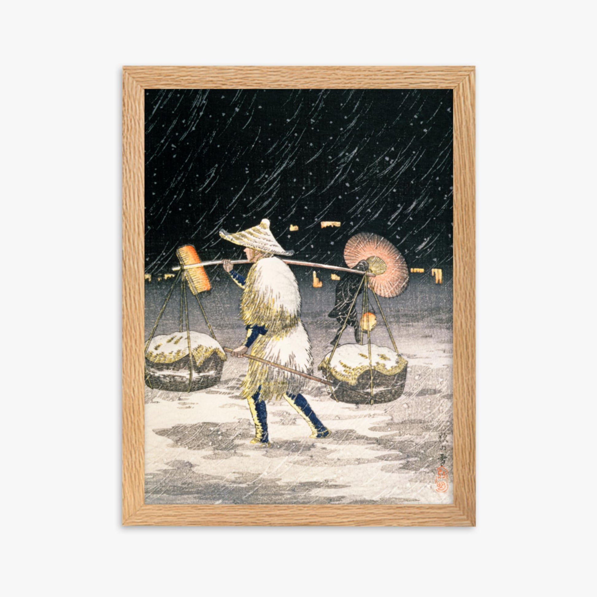 Takahashi Hiroaki: Night Snow - 30x40 cm Poster With Oak Frame