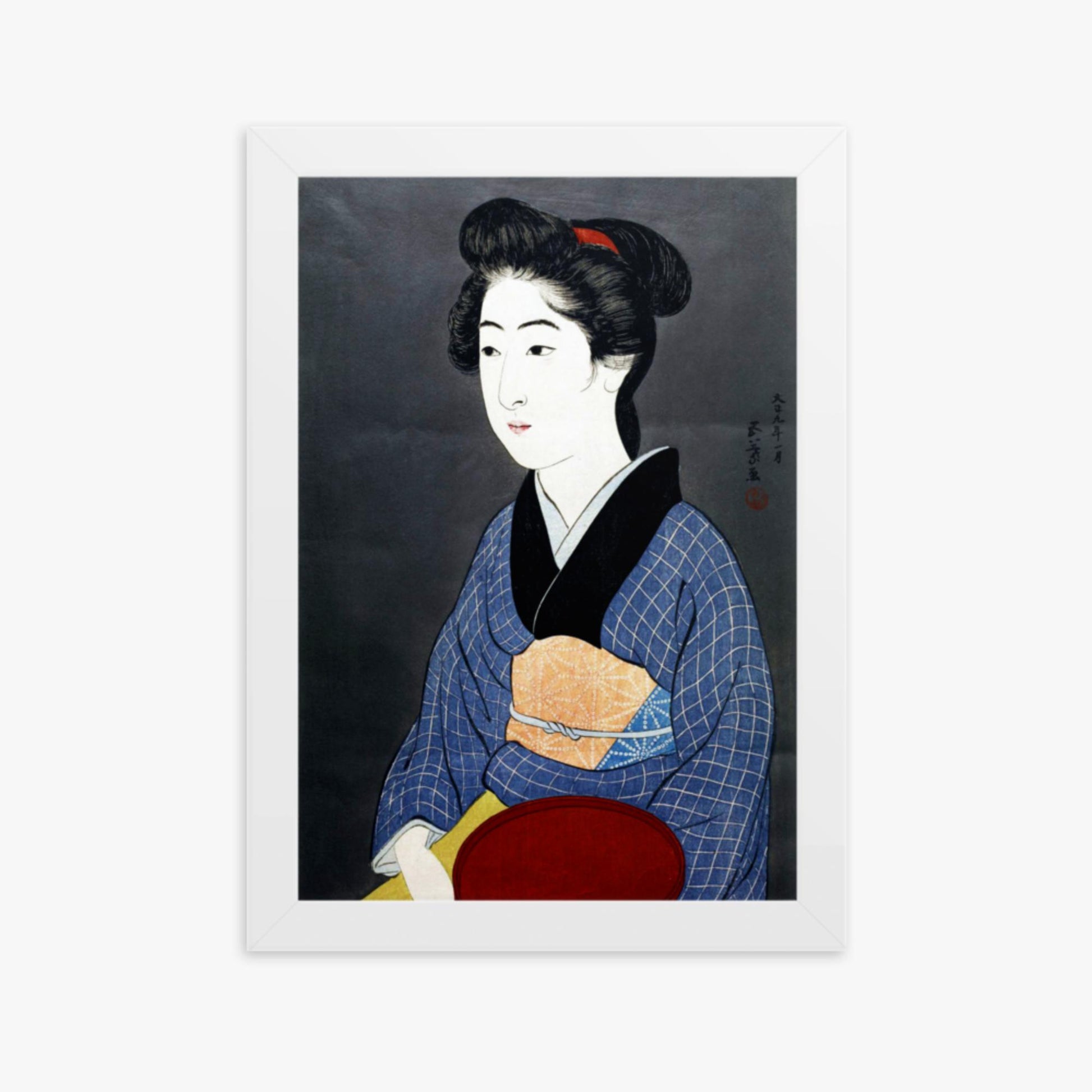 Goyō Hashiguchi: A waitress with a red tray - 21x30 cm Poster With White Frame