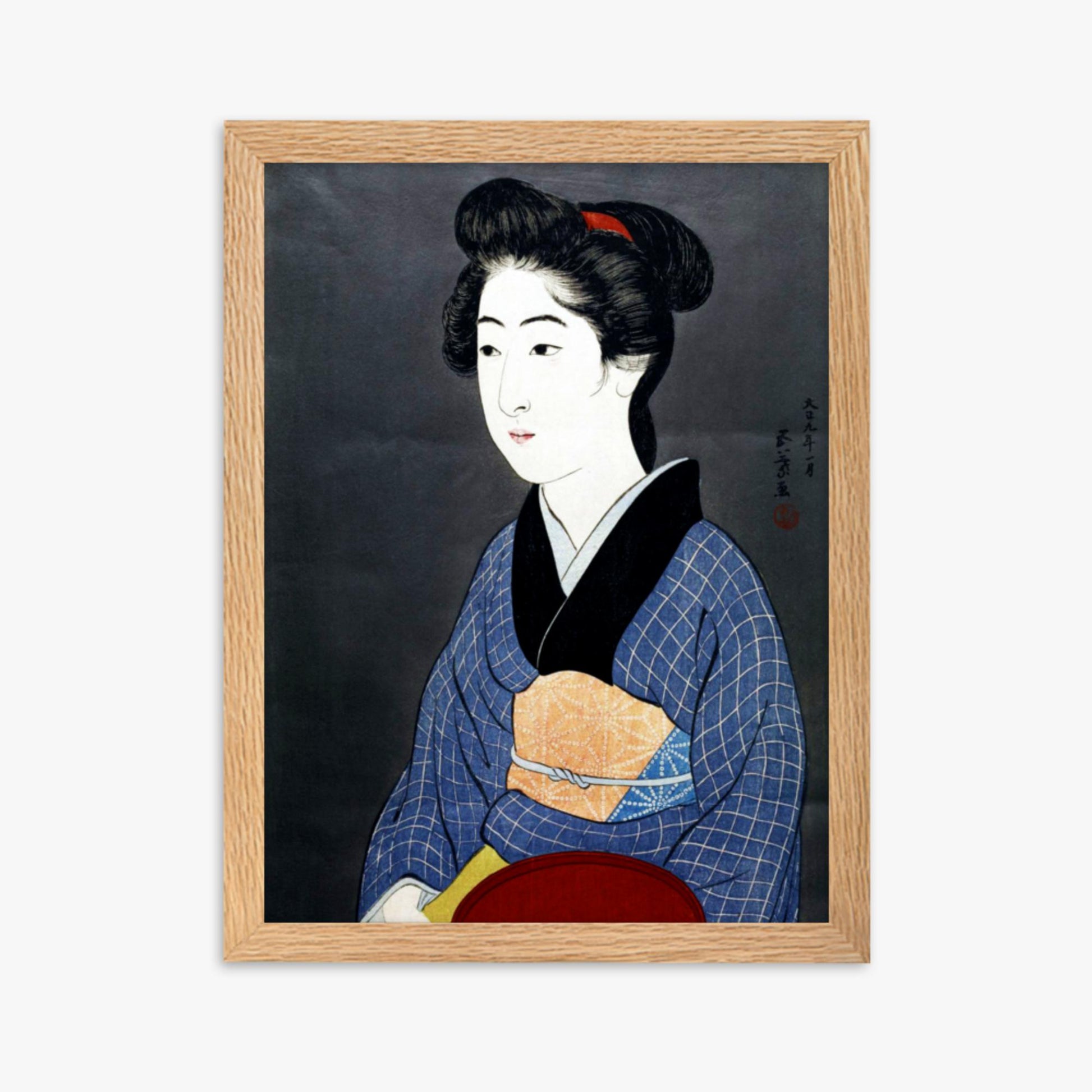 Goyō Hashiguchi: A waitress with a red tray - 30x40 cm Poster With Oak Frame