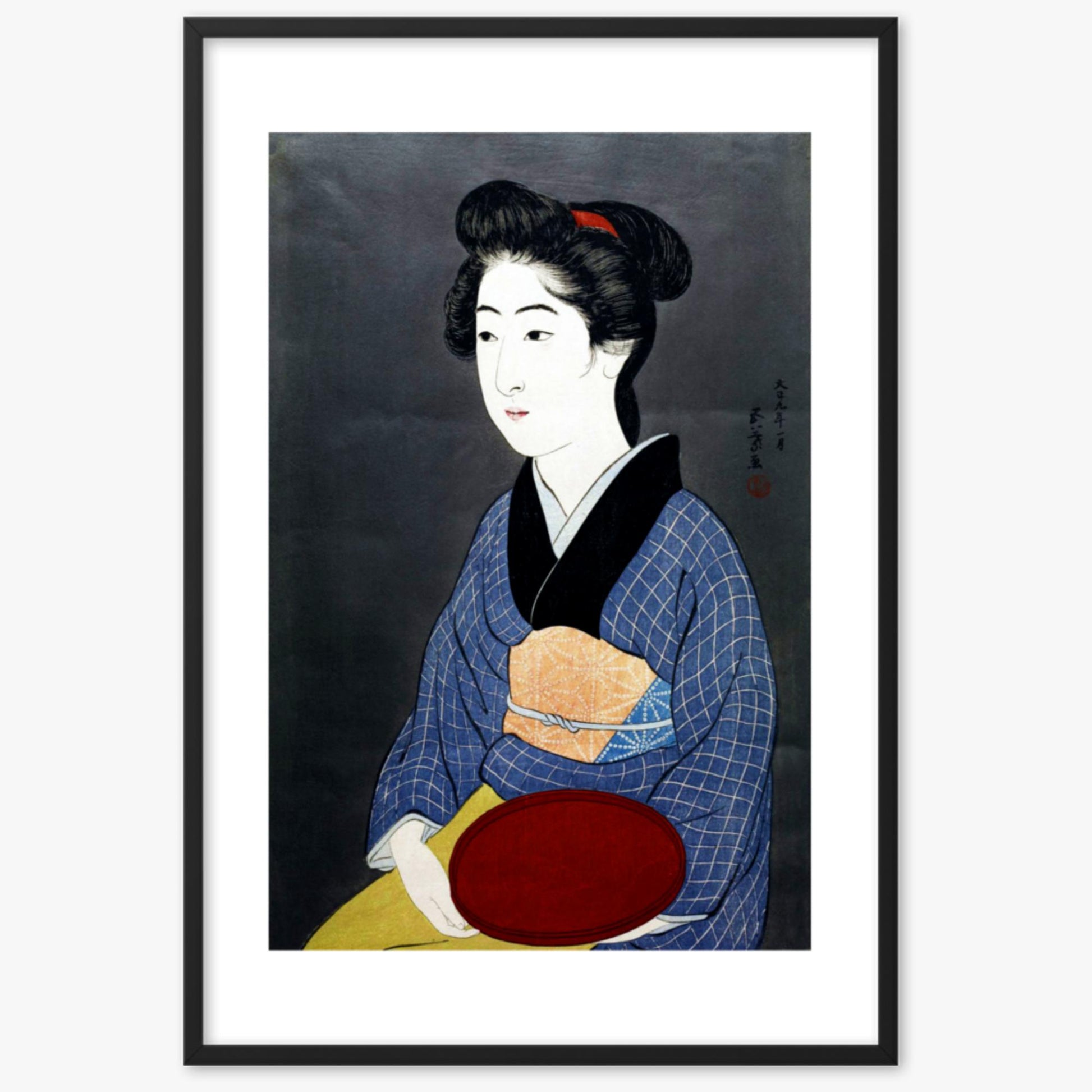 Goyō Hashiguchi: A waitress with a red tray - 61x91 cm Poster With Black Frame