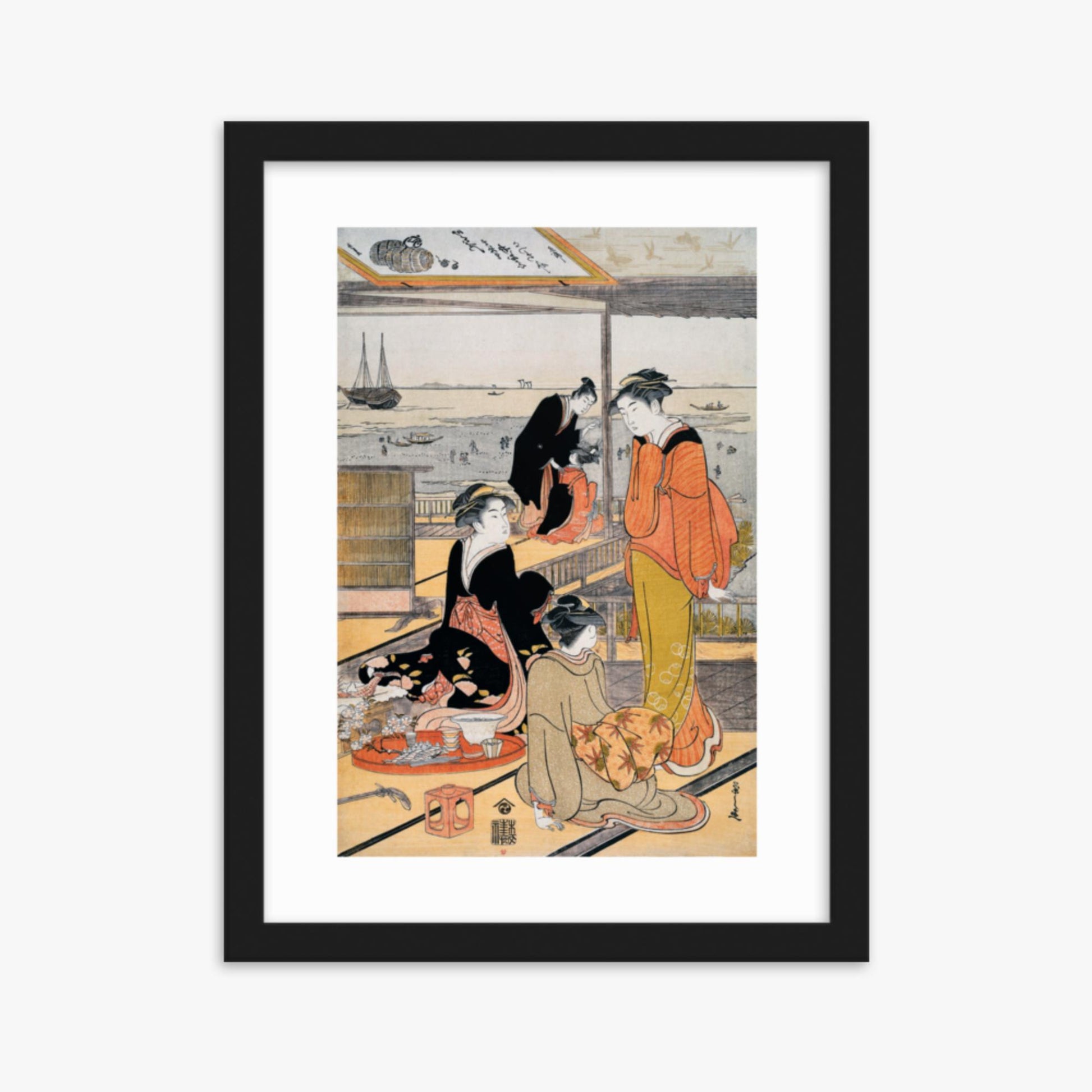 Eishi Chobunsai: Teahouse at the Shinagawa Bay - 30x40 cm Poster With Black Frame