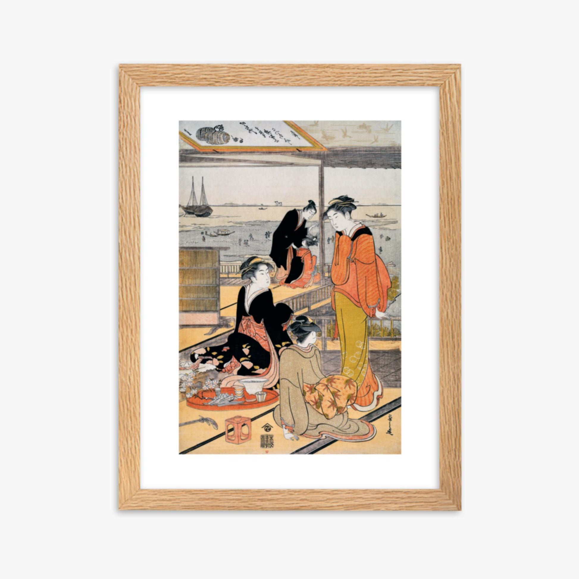 Eishi Chobunsai: Teahouse at the Shinagawa Bay - 30x40 cm Poster With Oak Frame