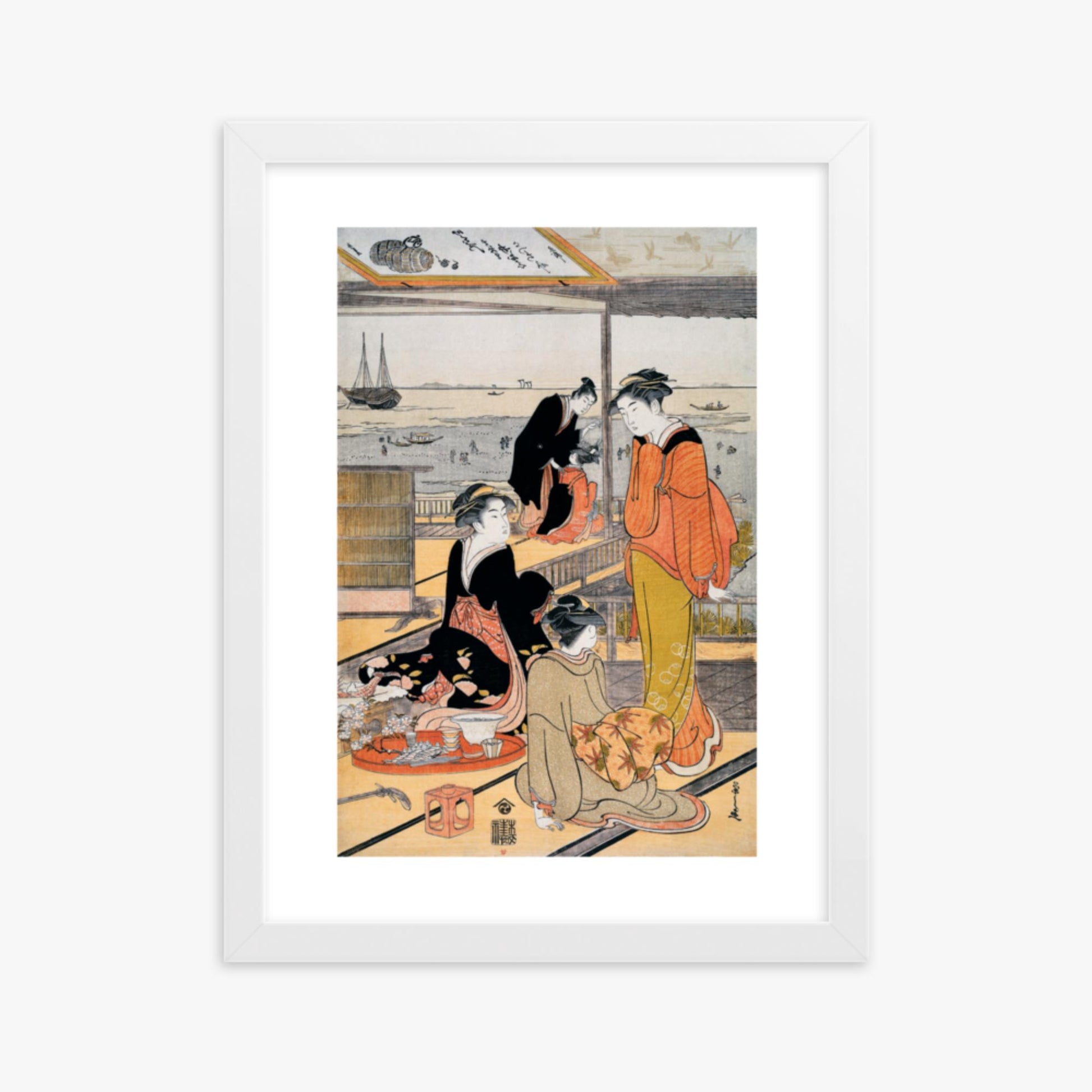 Eishi Chobunsai: Teahouse at the Shinagawa Bay - 30x40 cm Poster With White Frame