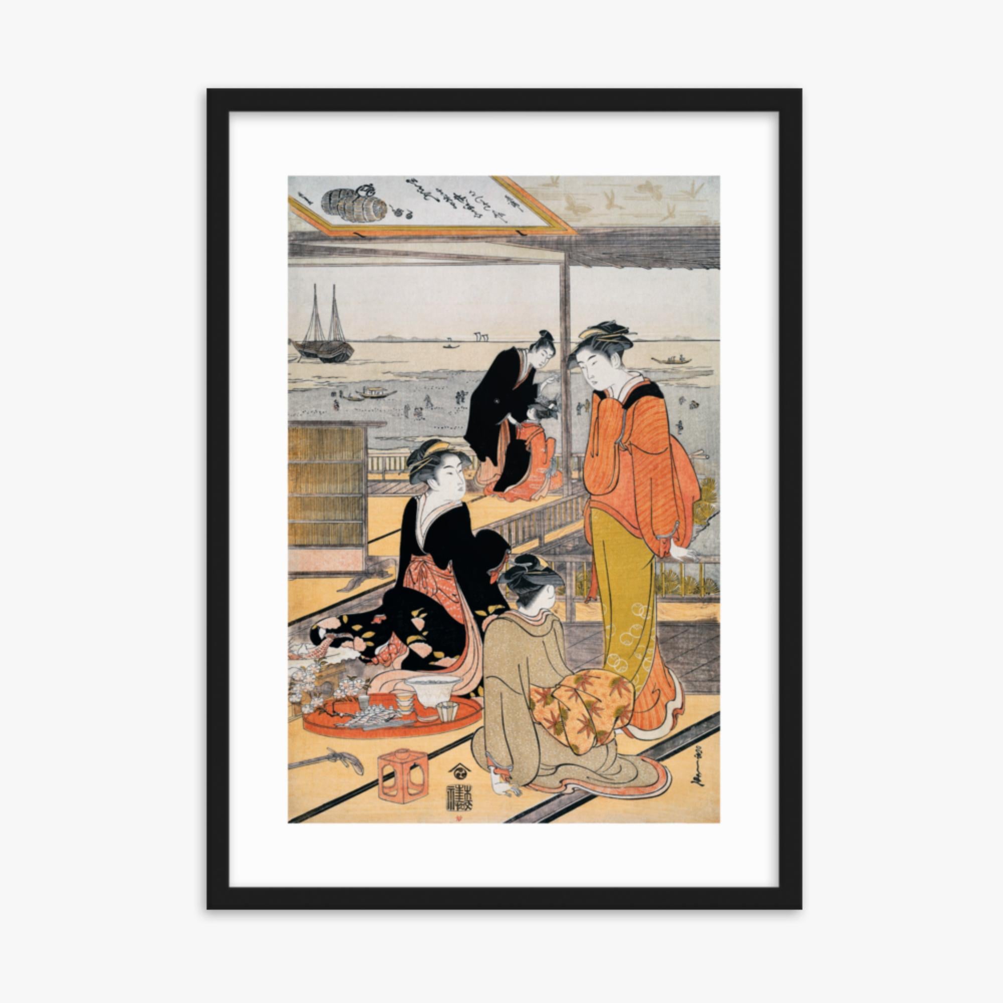 Eishi Chobunsai: Teahouse at the Shinagawa Bay - 50x70 cm Poster With Black Frame