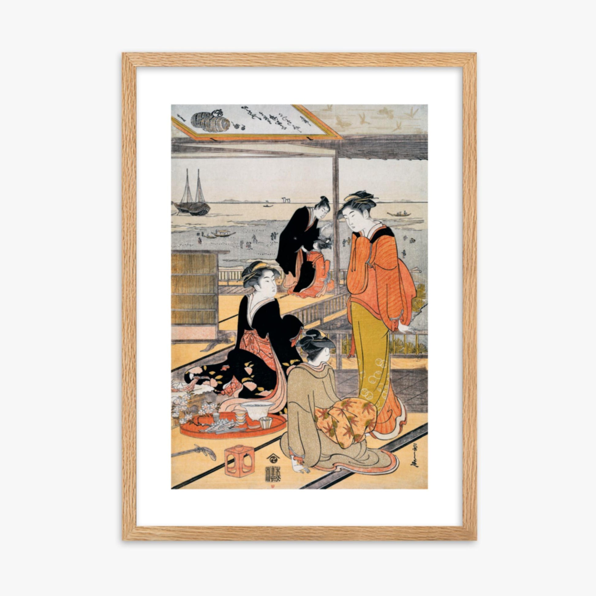 Eishi Chobunsai: Teahouse at the Shinagawa Bay - 50x70 cm Poster With Oak Frame