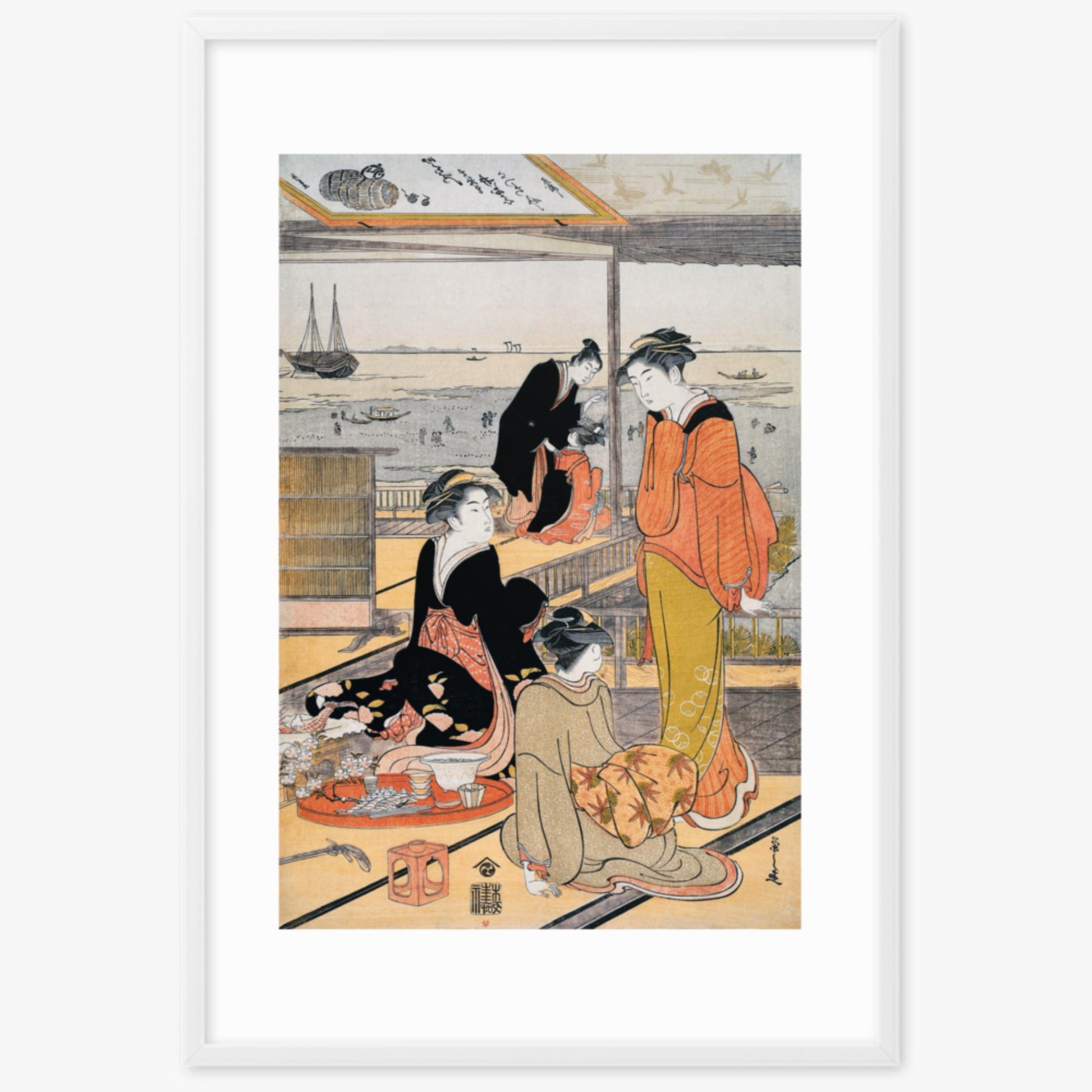 Eishi Chobunsai: Teahouse at the Shinagawa Bay - 61x91 cm Poster With White Frame