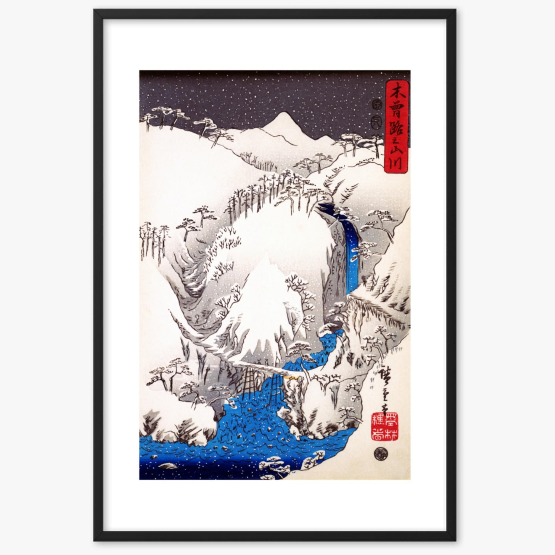 Utagawa Hiroshige: The Nakasendo running through the Kiso Mountains by the Kiso River in deep winter. - 61x91 cm Poster With Black Frame