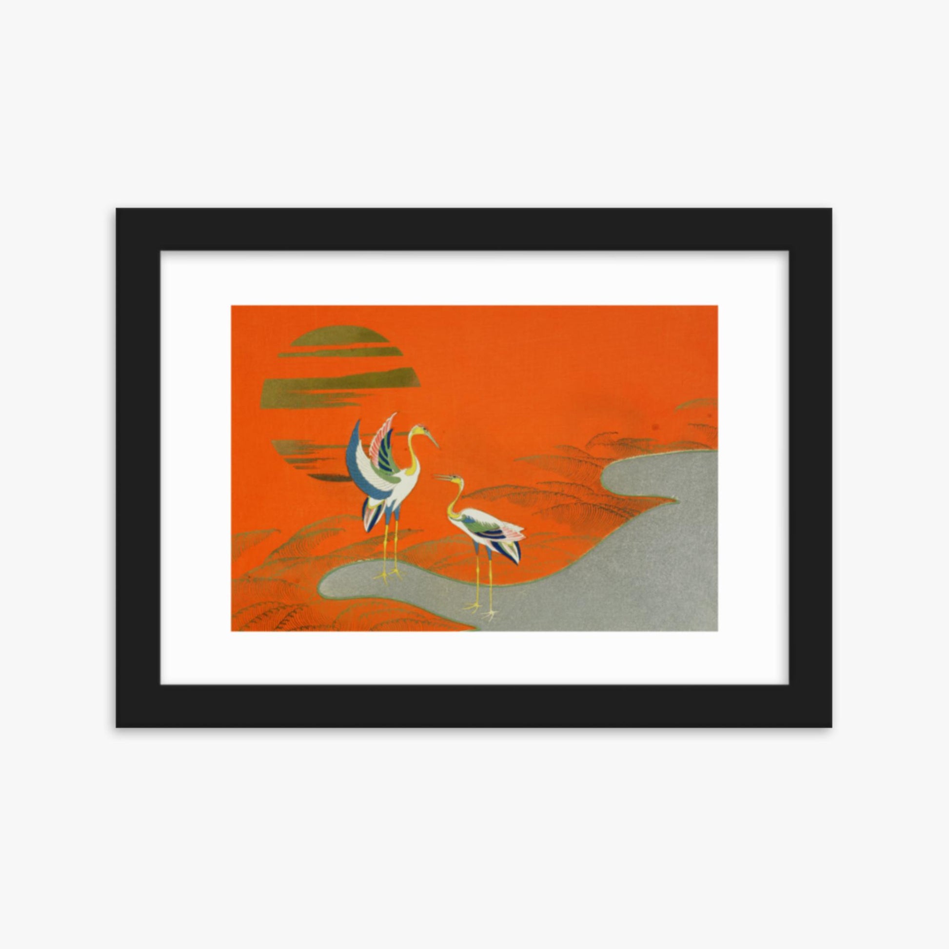 Kamisaka Sekka: Birds at sunset on the lake - 21x30 cm Poster With Black Frame