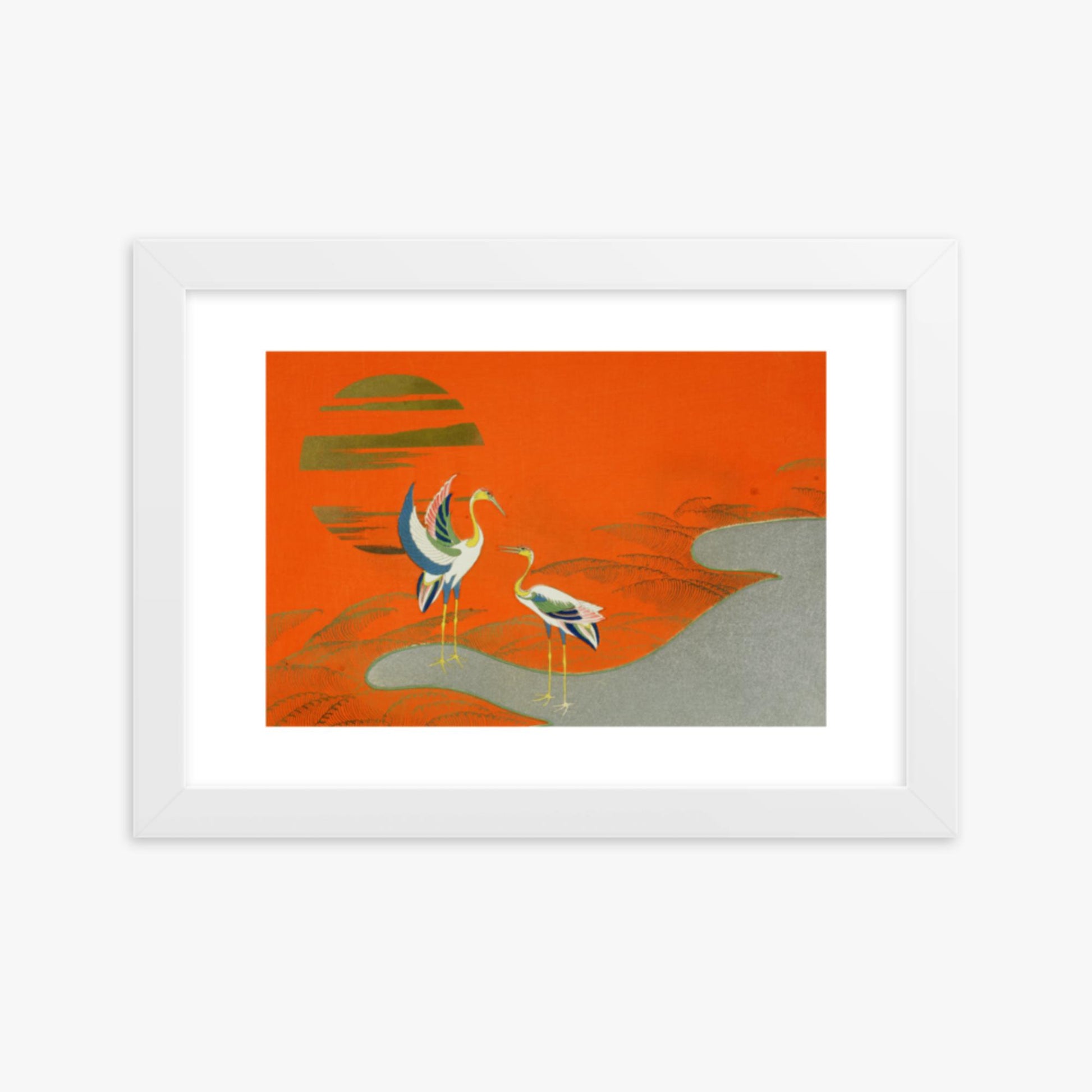 Kamisaka Sekka: Birds at sunset on the lake - 21x30 cm Poster With White Frame