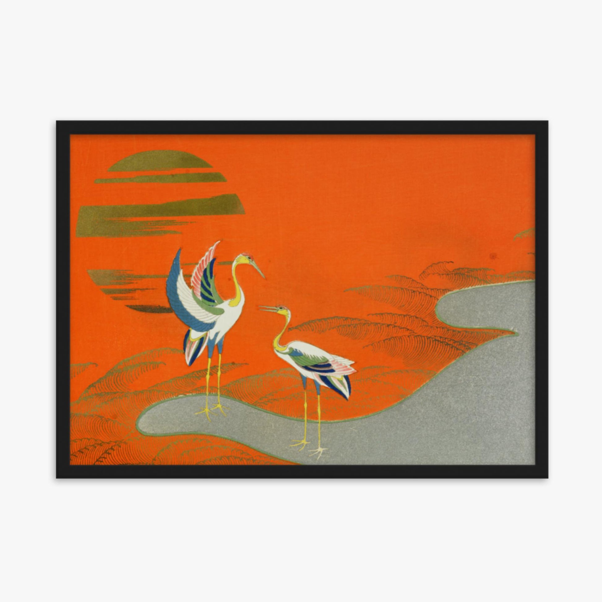 Kamisaka Sekka: Birds at sunset on the lake - 50x70 cm Poster With Black Frame